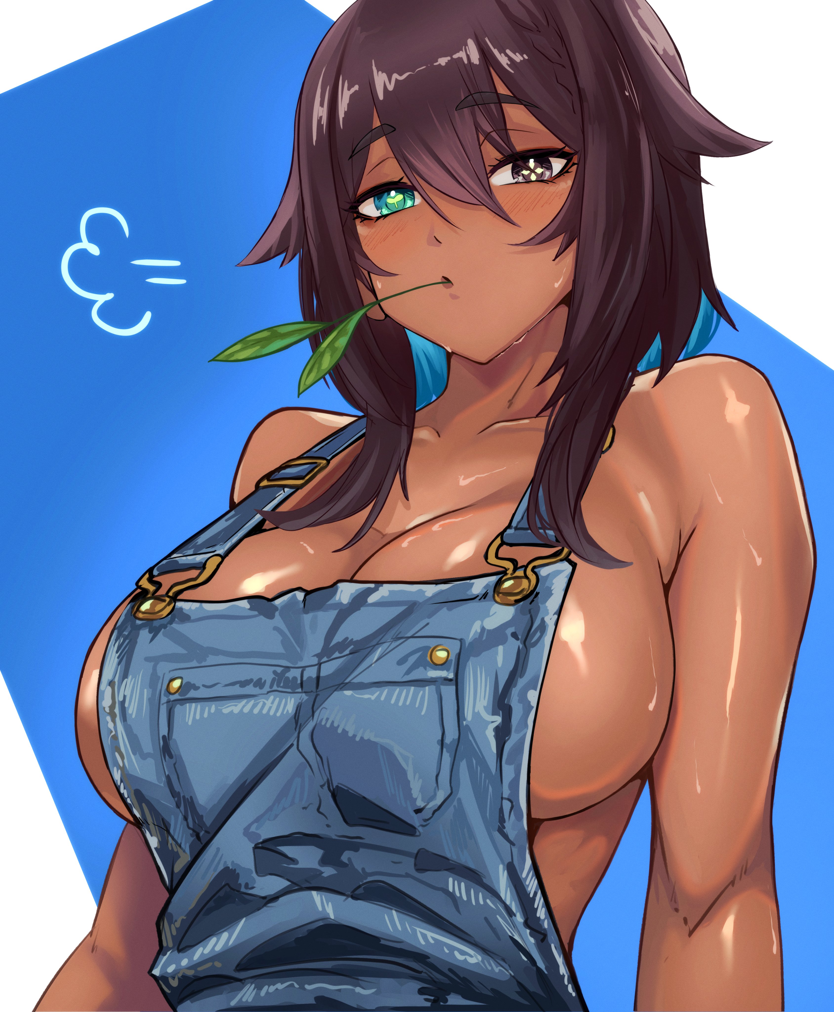 1girls, blush, breasts, brown eyes, brown hair, eyebrows visible through hair, farmer, farmgirl, feindall, green eyes, huge breasts, indie virtual youtuber, leaf, meica, no bra, overalls, sideboob, spanish virtual youtuber, tan skin, tan-skinned female, virtual youtuber