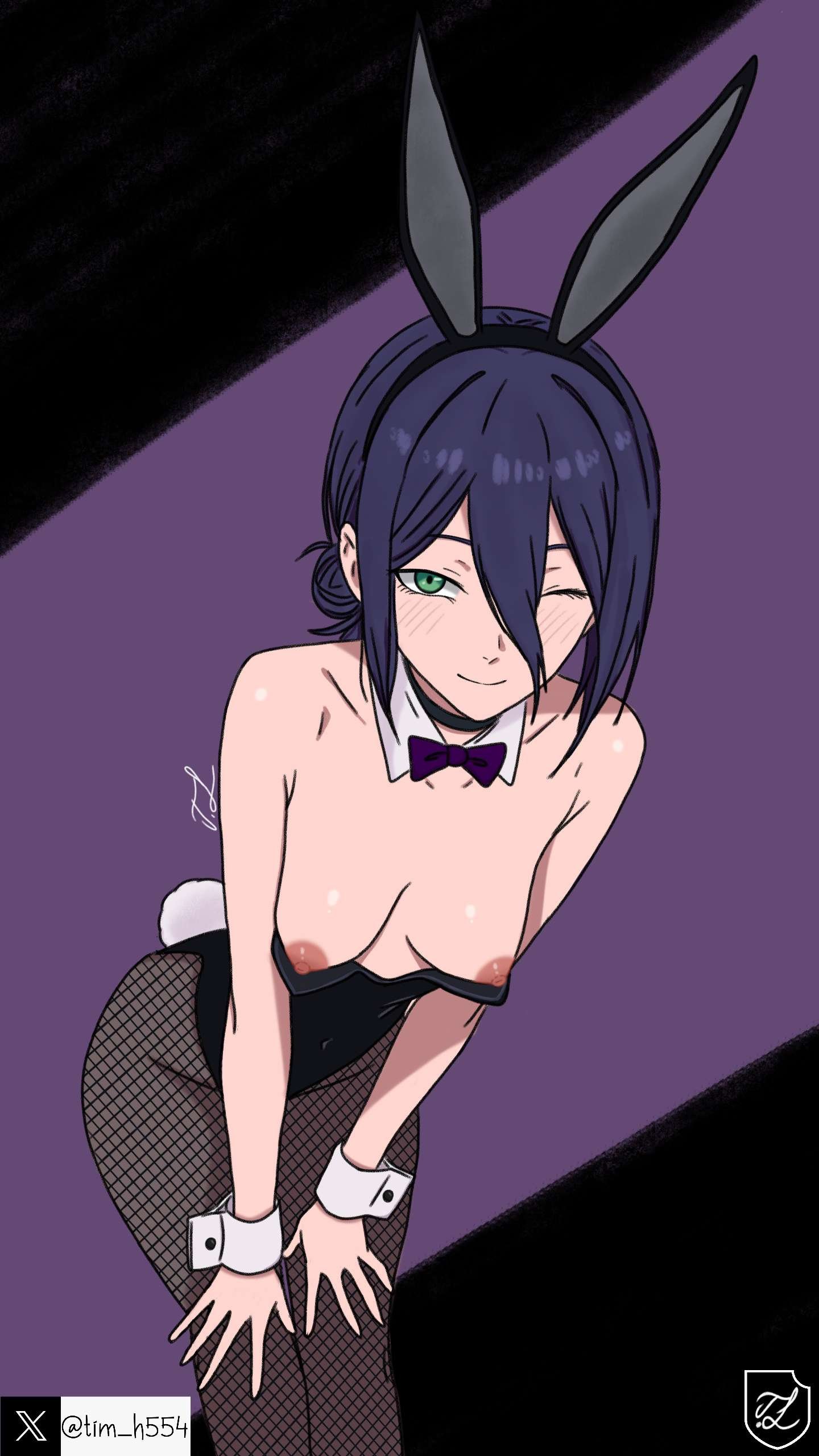 bunny ears, bunnysuit, chainsaw man, green eyes, playboy bunny, purple hair, reze (chainsaw man), signature, small breasts, tagme, tim heyderich, twitter username, wink