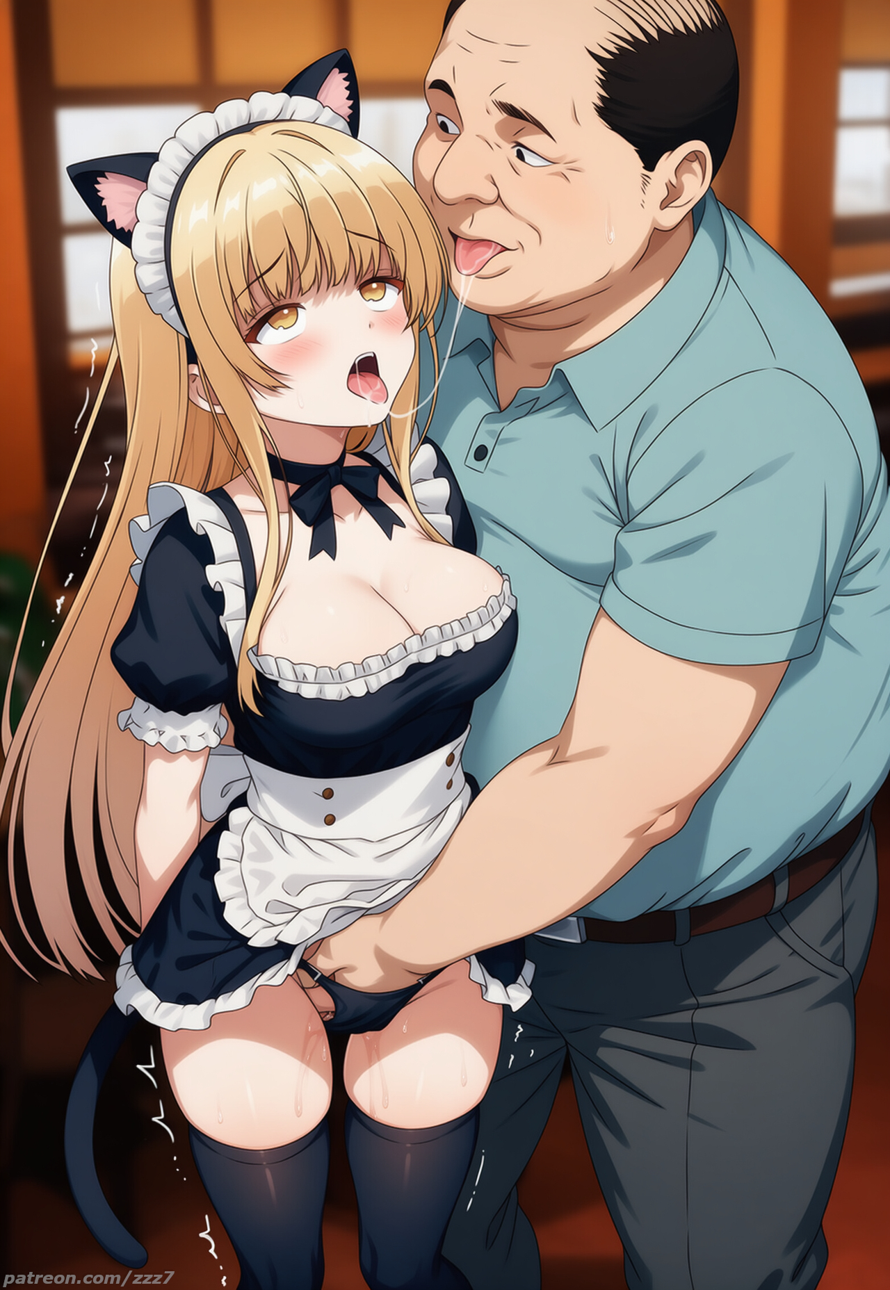 1boy, 1girls, after kiss, age difference, ai generated, animal ears, apron, aroused, bodily fluids, breasts, cat ears, choker, cleavage, crotch grab, deep cleavage, fake animal ears, fake cat ears, fat male, female, fingering, fingering partner, foreplay, frills, hand in panties, height difference, horny, implied kiss, indoors, large breasts, looking at another, looking up, maid, maid headdress, maid uniform, mature male, molestation, obese male, older male, older male and younger female, open mouth, otonari no tenshi-sama ni itsu no mani ka dame ningen ni sarete ita ken, pussy juice, rolling eyes, saliva string, saliva trail, shiina mahiru, size difference, standing, the angel next door spoils me rotten, thighhighs, tongue, trembling, ugly bastard, watermark, younger female older male, zettai ryouiki, zzz7
