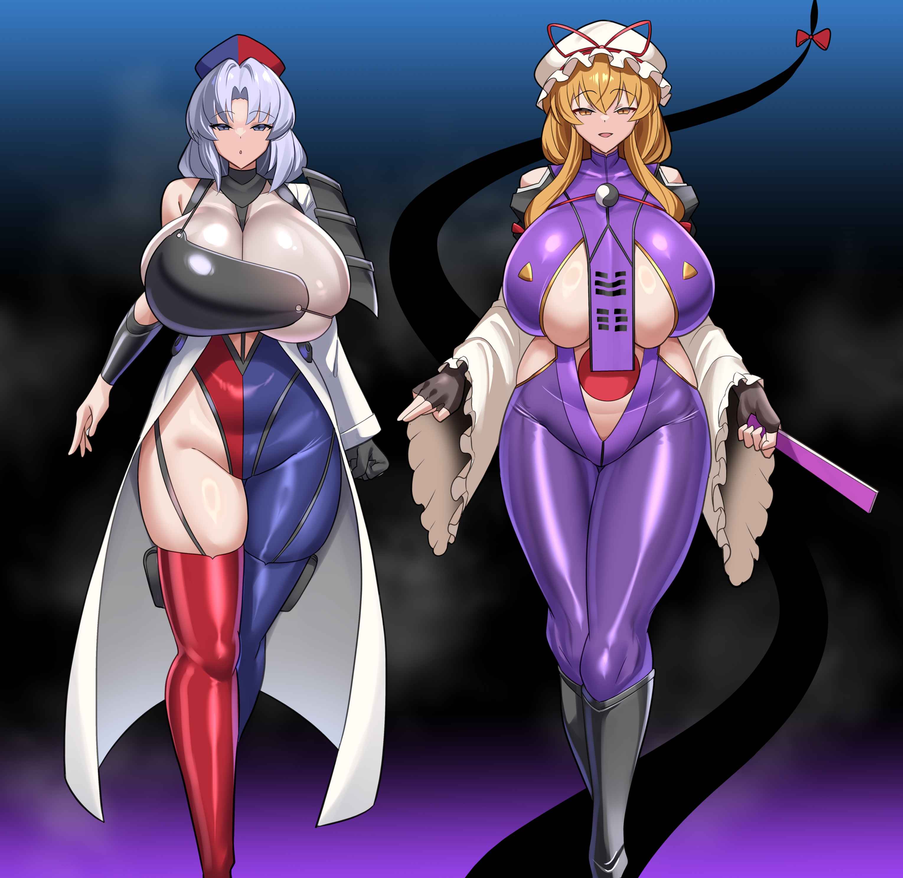 big breasts, eirin yagokoro, hips, latex, massive breasts, sinkai, skin tight, tall female, thick thighs, thighs, touhou, voluptuous, voluptuous female, wide hips, yukari yakumo