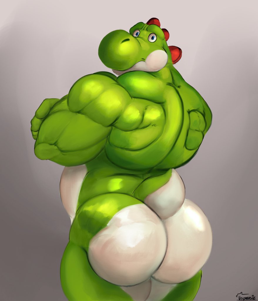 2021 anthro ass back_muscles bara barazoku big_butt big_muscles bubble_butt crossed_arms green_yoshi grey_background huge_butt huge_muscles looking_at_viewer looking_back looking_back_at_viewer male male_only mario_(series) muscular muscular_anthro muscular_male nintendo nude rear_view scalie signature simple_background solo standing triceps uniparasite video_games yoshi