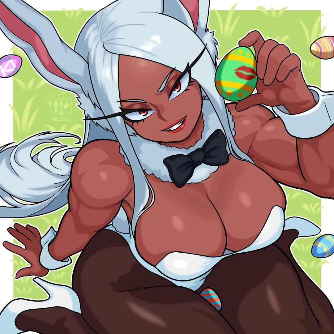 1girls, absurdres, ass, bare shoulders, beautiful, biceps, big ass, big breasts, boku no hero academia, bowtie, breasts, brown body, brown legwear, brown skin, bunny ears, bunny girl, bunny tail, bunnysuit, chocolate, cleavage, collarbone, easter egg, egg, eyelashes, female, female focus, female only, from above, handwear, heels, highres, hips, hips wider than shoulders, holding, holding object, huge ass, huge breasts, inner sideboob, legwear, leotard, light makeup, lipstick, lipstick mark, long hair, looking at viewer, looking up, makeup, miruko, mommy, muscular, muscular female, my hero academia, on ground, or draws, outdoors, outside, pantyhose, red eyes, rumi usagiyama, sexy, sideboob, sitting, solo, teasing, thick ass, thick thighs, thighs, toned, toned female, viewed from above, white hair, white heels, white leotard