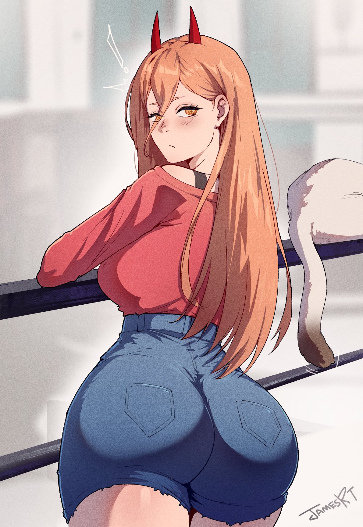 ass, ass focus, big ass, chainsaw man, dat ass, denim shorts, fully clothed, horns, hourglass figure, huge ass, jamesloves art, looking at viewer, looking back, power (chainsaw man), short shorts, shorts, sideboob, solo, solo female, solo focus, thicc, thin waist, wide hips, wide thighs