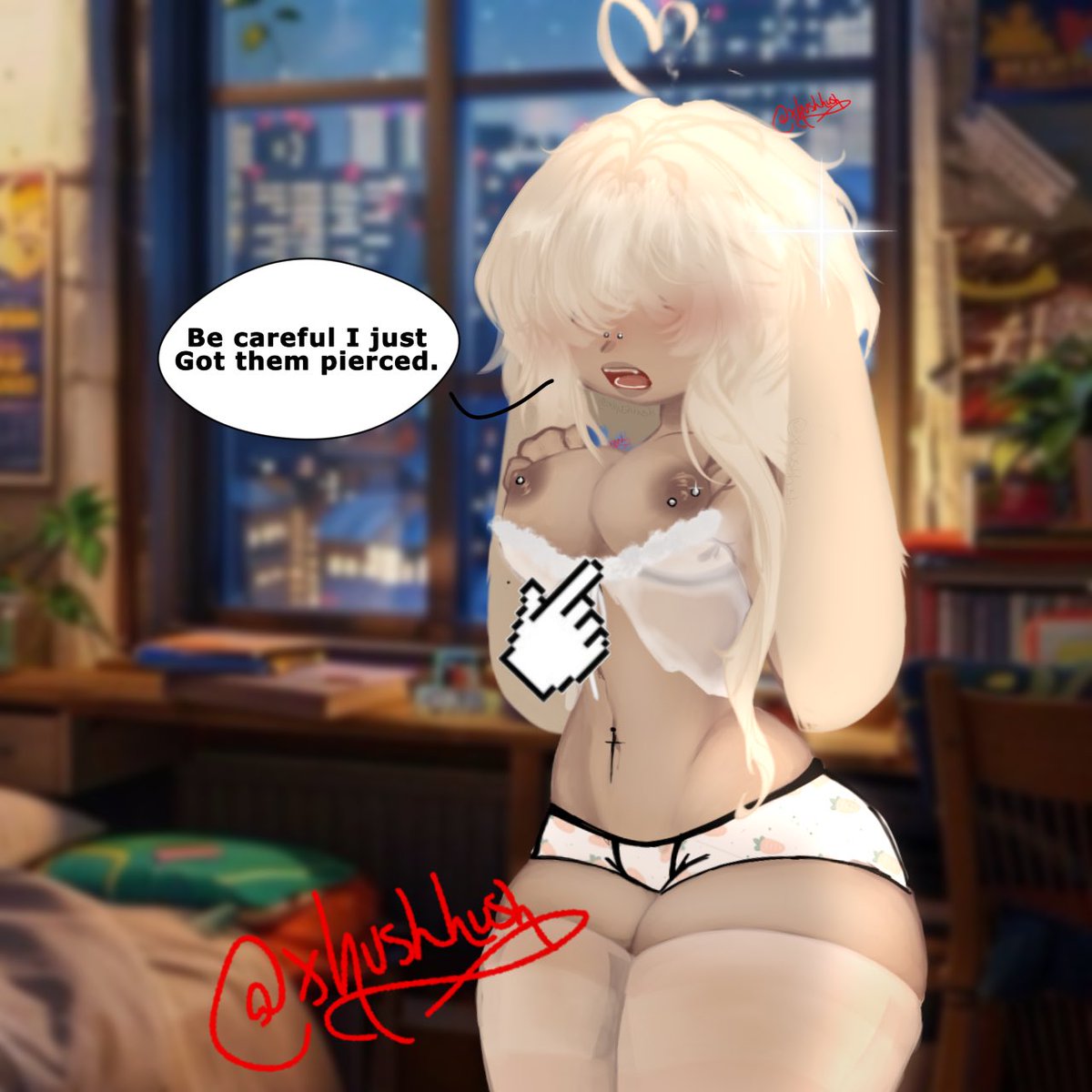 1female, 1girl, 1girls, blonde hair, blush, boobs, breasts, cleavage, curvy, curvy female, dialogue, female, female human, gacha, gacha club, gacha heat, gacha life, hair, human, navel, nipple piercing, nipples, open mouth, teeth, text, text bubble, thick thighs, thighs, tongue, woman, xhushhush