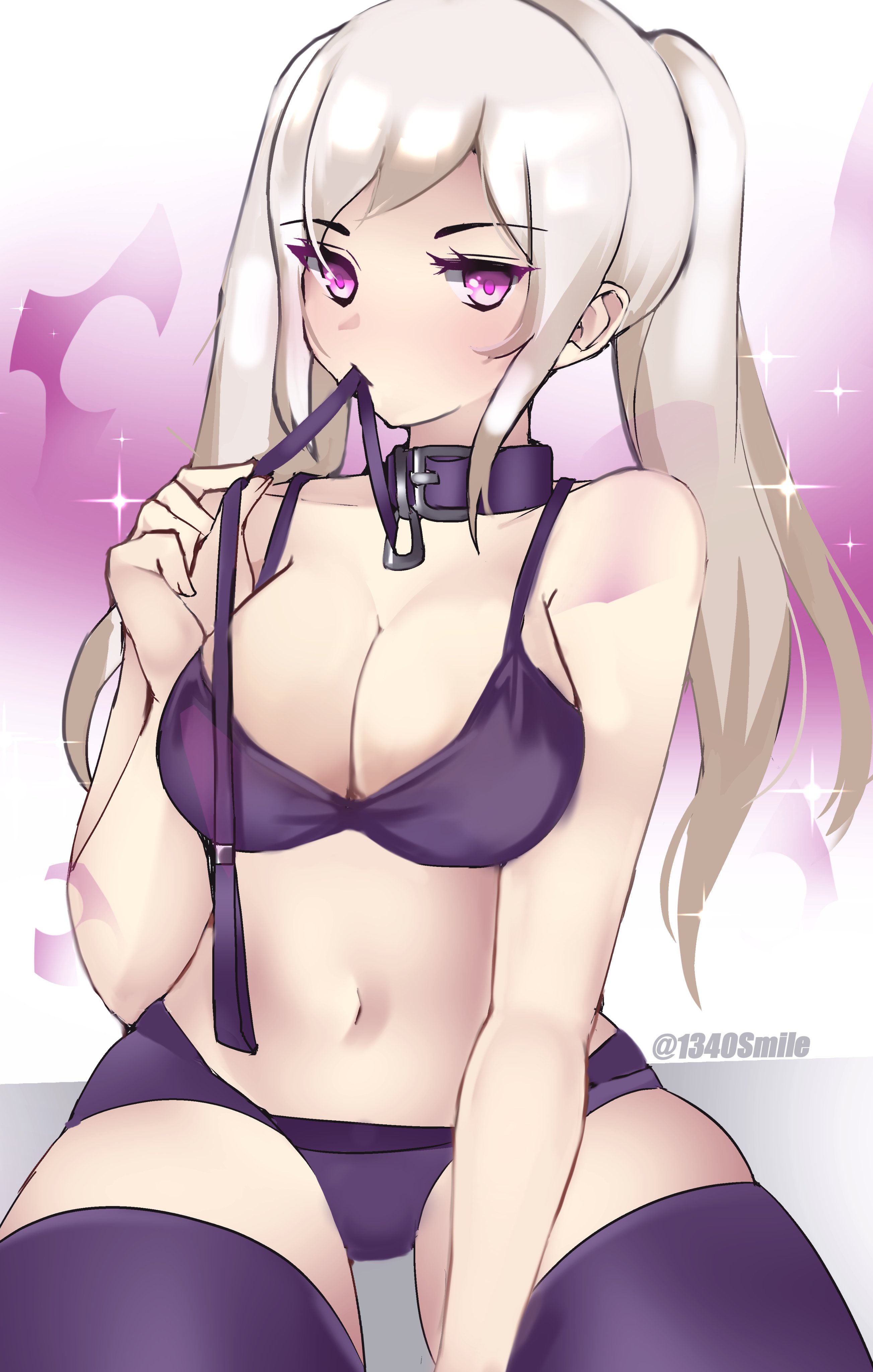 1340smile, 1girls, bare thighs, bra, breasts, cleavage, collar, female, femsub, fire emblem, fire emblem awakening, grima (fire emblem), large breasts, leash, long hair, looking at viewer, nintendo, object in mouth, panties, purple eyes, purple panties, robin (fire emblem), robin (fire emblem) (female), solo, thighhighs, thighs, twintails, underwear, white hair