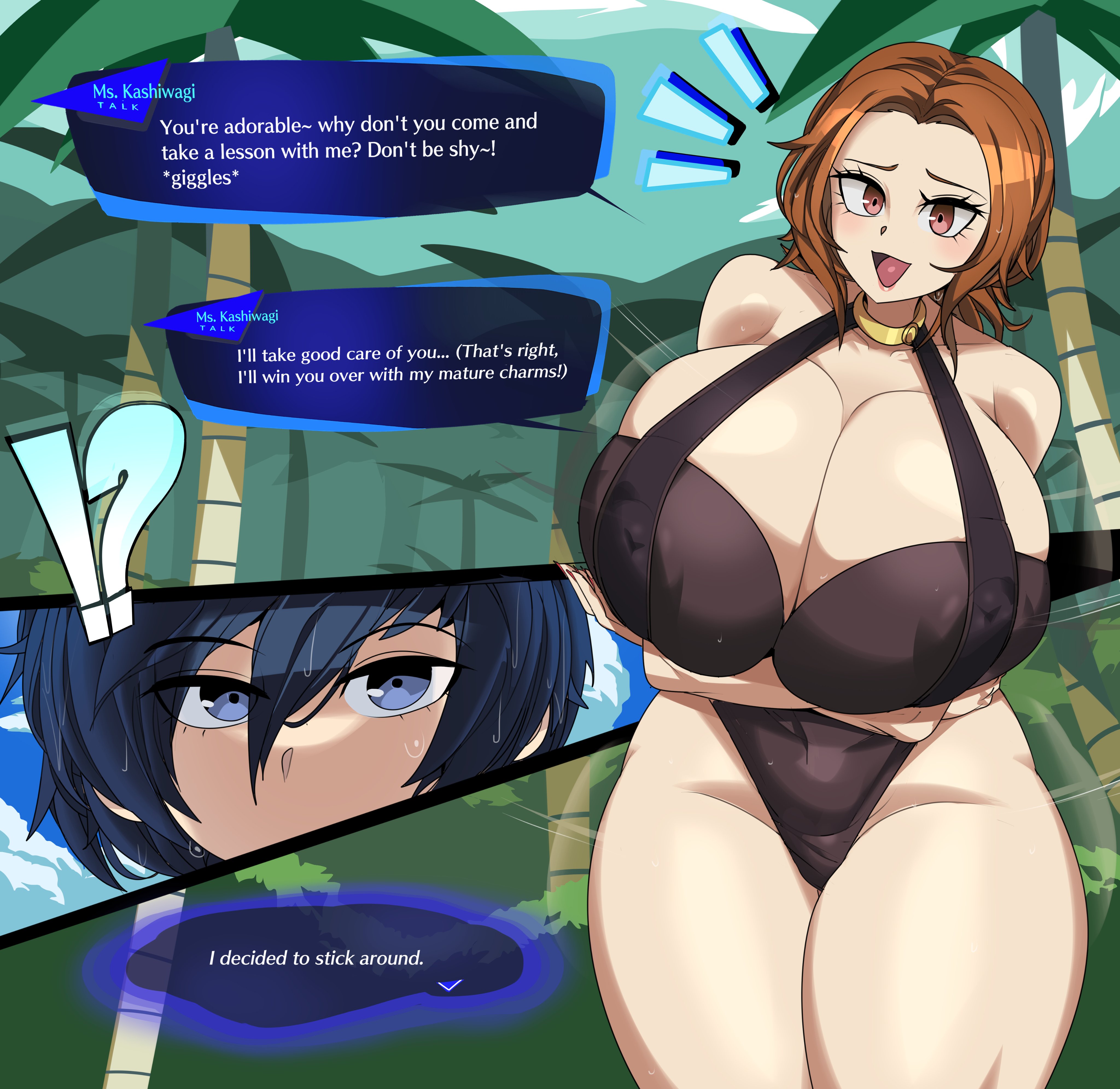 1boy, 1girls, 2026, areolae visible through clothing, arms on breasts, atlus, bare shoulders, black swimsuit, blue eyes, blue hair, breasts bigger than head, brown eyes, brown hair, captain kirb, cleavage, clothed, clothed female, clothing, english, english text, female, huge breasts, kashiwagi noriko, light skin, light skinned female, light skinned male, light-skinned female, light-skinned male, lipstick, makoto yuki, male, medium hair, megami tensei, nail polish, nipples visible through clothing, persona, persona 3, persona 4, red nail polish, red nails, short hair, speech bubble, swimsuit, text, text bubble, thick thighs, voluptuous, voluptuous female, wide hips