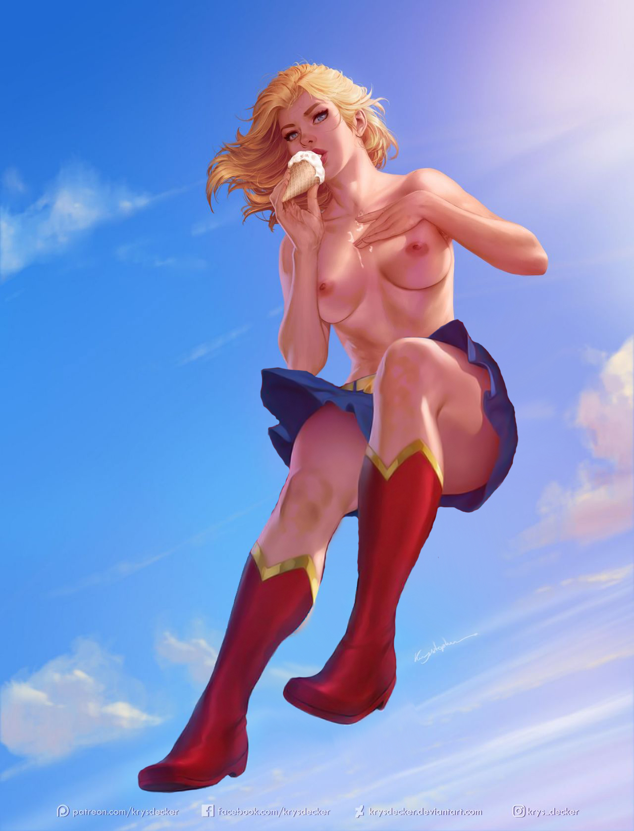 1girls, blonde hair, boots, breasts, casual, clothing, dc, dc comics, eating, female, female only, flying, human, ice cream, kara danvers, kara zor-el, krysdecker, nipples, nonsexual, nonsexual nudity, pale skin, skirt, solo, suggestive fluid, suggestive food, supergirl, superheroine, superman (series), tagme, topless, topless female