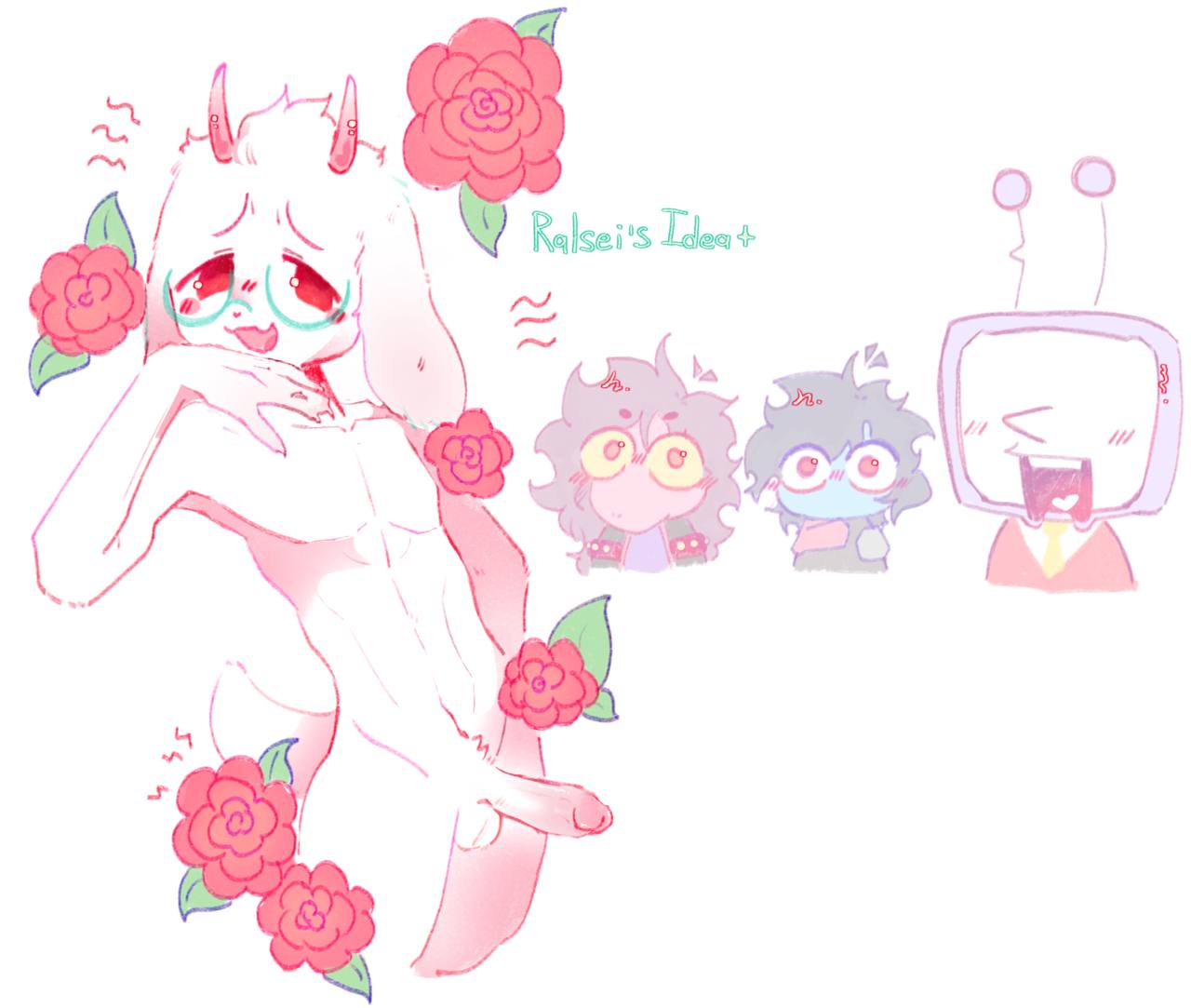 1boy, asylumbee, blush, deltarune, female, femboy, gay, gay anal, glasses, homosexual, homosexual male, horns, kris (deltarune), looking at viewer, male, male focus, male penetrated, male/female, male/male, penis, ralsei, roses, susie (deltarune), tail, tenna (deltarune)