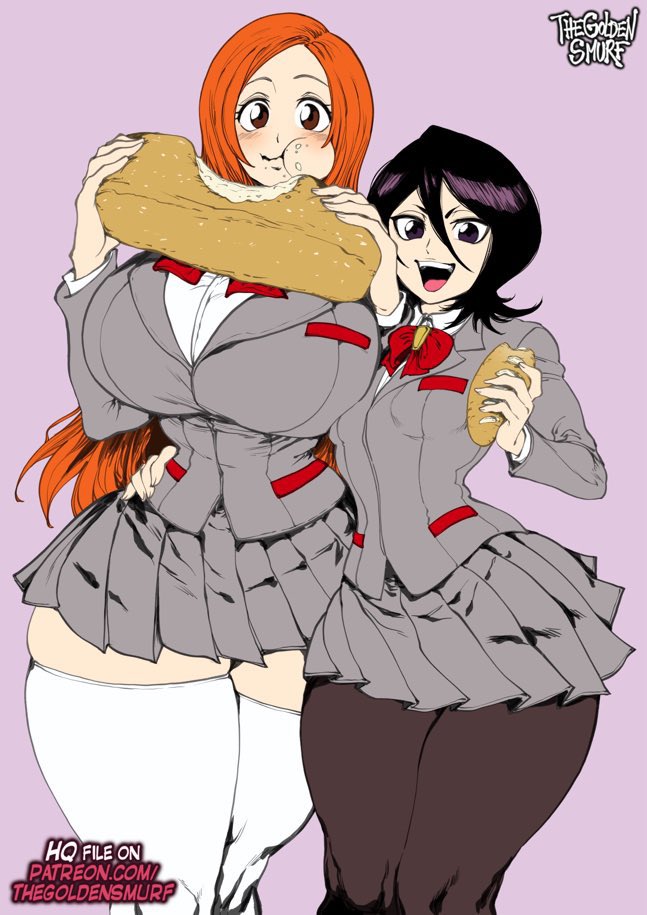 2girls artist_name big_breasts bleach breast_press breast_size_difference breasts breasts_bigger_than_head brown_eyes clothed clothing duo eating female female_only flat_chest hourglass_figure huge_breasts inoue_orihime kuchiki_rukia large_breasts long_hair looking_at_viewer orange_hair pantyhose petite purple_hair school_uniform schoolgirl short_hair size_difference skirt slim_waist small_breasts standing thegoldensmurf thick thick_thighs thighhighs thighs thunder_thighs tight_clothing voluptuous voluptuous_female watermark wide_hips