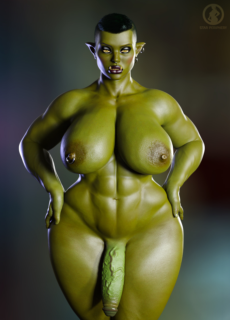 3d abs big_breasts dickgirl futanari hands_on_hips large_penis looking_at_viewer naked orc orc_futanari short_hair solo solo_futa star_periphery thick_thighs voidpilgrim wide_hips