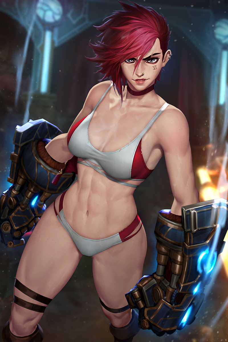 1girls, abs, arcane, arcane vi, bikini, boots, breasts, collar, earrings, female, female only, gloves, grey eyes, handwear, human, league of legends, legwear, muscular, muscular female, neoartcore, pale skin, piercing, pink hair, riot games, scar, solo, swimwear, tattoo, thick thighs, tomboy, vi, weapon