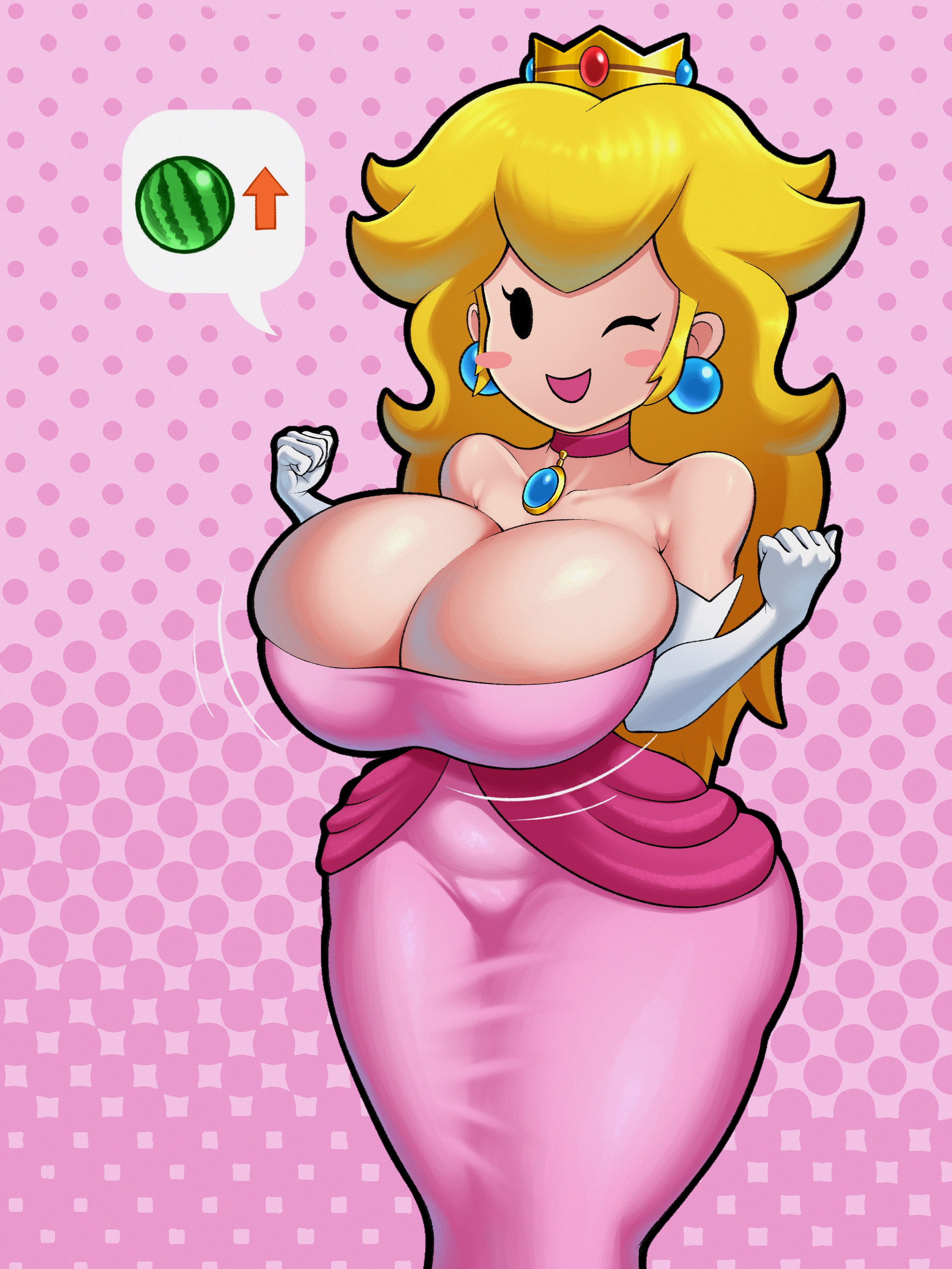 1girls, 2026, about to burst, alternate breast size, alternate version available, bare shoulders, barely contained, barely contained breasts, barely fits, big breasts, blonde hair, blush, blushing, boob window, boobs, breast expansion, breasts too big, bursting breasts, choker, cleavage, clothed, clothing, crown, cute, dress, earrings, elbow gloves, female, female only, gloves, headgear, headwear, hi res, highres, huge breasts, imminent wardrobe malfunction, inconvenient boobs, inconvenient breasts, large breasts, long hair, mario (series), nintendo, one eye closed, overflowing breasts, paper mario, paper peach, princess, princess peach, simple background, skindentation, sleepiitreat, slightly chubby, solo, solo female, thick thighs, thunder thighs, tight clothing, tight fit, too tight, undersized clothes, undersized clothing, wide hips, wink