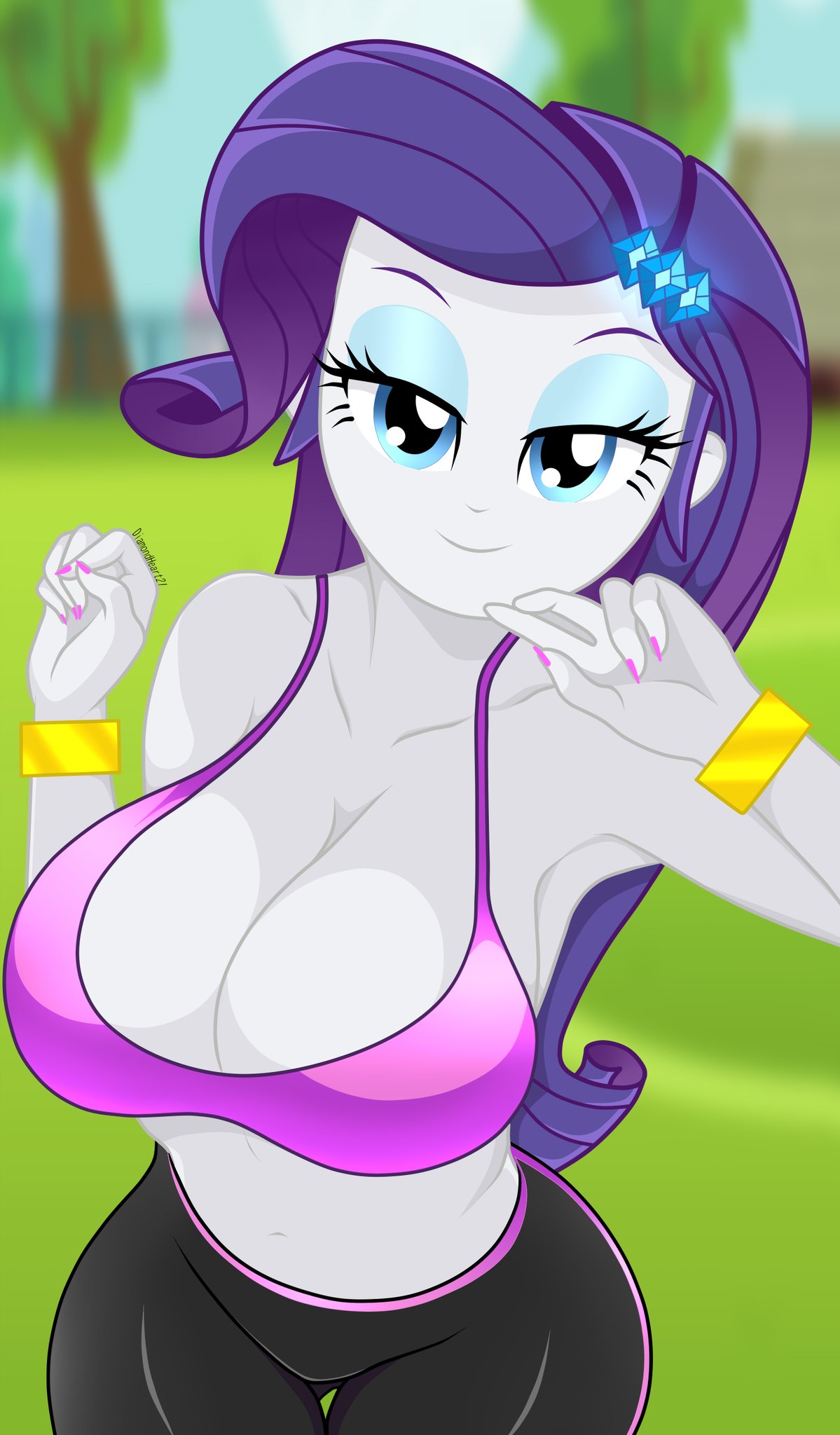 1girls armpits big_breasts bracelet breasts cleavage diamondheart21 equestria_girls female female_only friendship_is_magic hasbro hi_res highres large_breasts looking_at_viewer my_little_pony nail_polish navel outdoors pink_nail_polish rarity_(eg) rarity_(mlp) smile solo solo_female sports_bra wide_hips yoga_pants