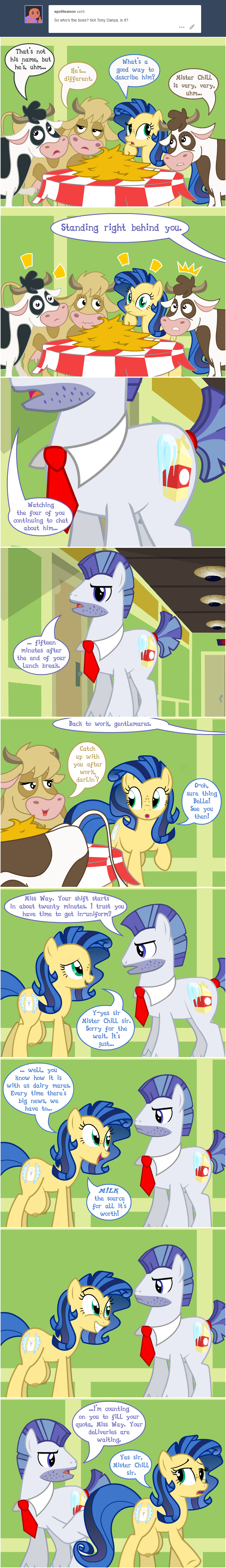 ask_blog big_crotchboobs boss bovine calcium_chill_(oc) comic crotchboobs dead_source earth_pony english_text flashequestria hay huge_crotchboobs impossibly_large_crotchboobs milky_way_(mlp) my_little_pony necktie nipples nude oc oc_only pony pun text tumblr udder