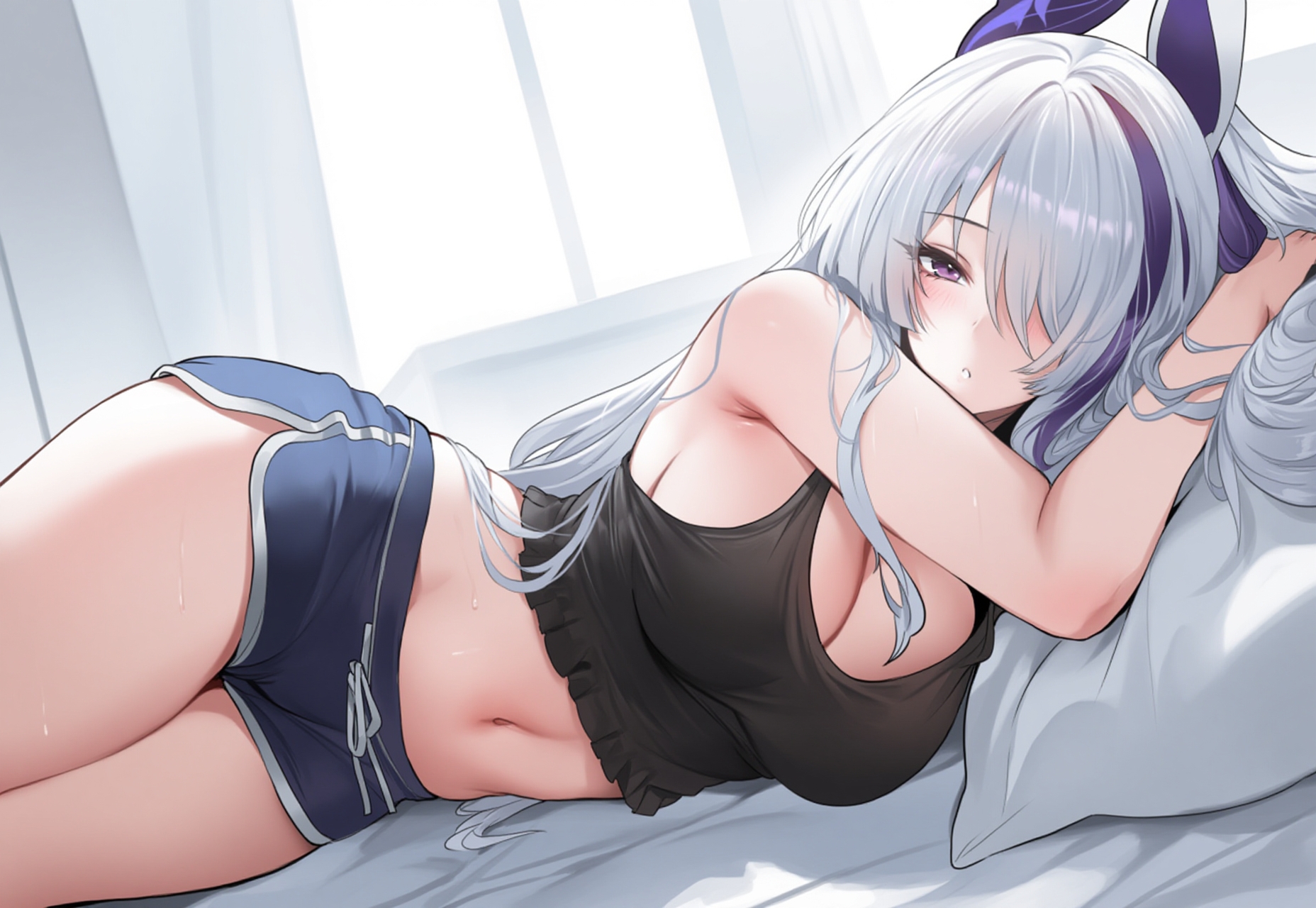 ai generated, azur lane, bed, bedroom, breasts, cleavage, female, large breasts, looking at viewer, navel, purple eyes, roxor, shorts, tank top, unzen (azur lane), wide hips
