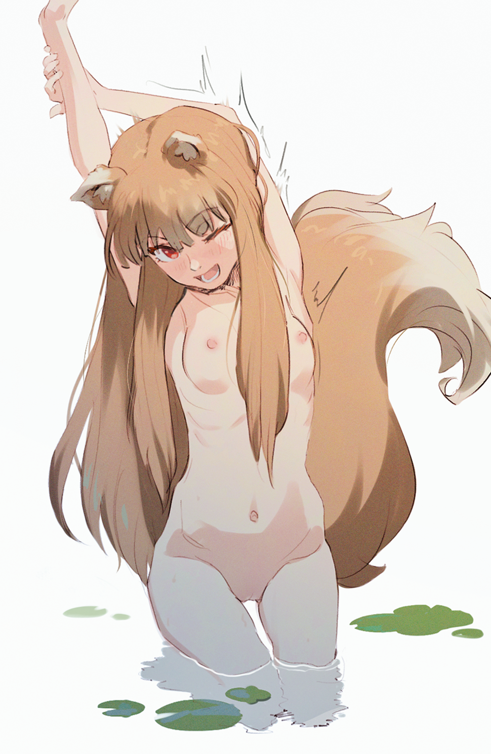 ;d animal_ears arm_up breasts butterchalk cleft_of_venus commentary completely_nude female highres holo kneeling looking_at_viewer medium_breasts navel nipples nude one_eye_closed partially_submerged pussy red_eyes simple_background smile solo spice_and_wolf stretching tail uncensored water white_background wolf_ears wolf_girl wolf_tail