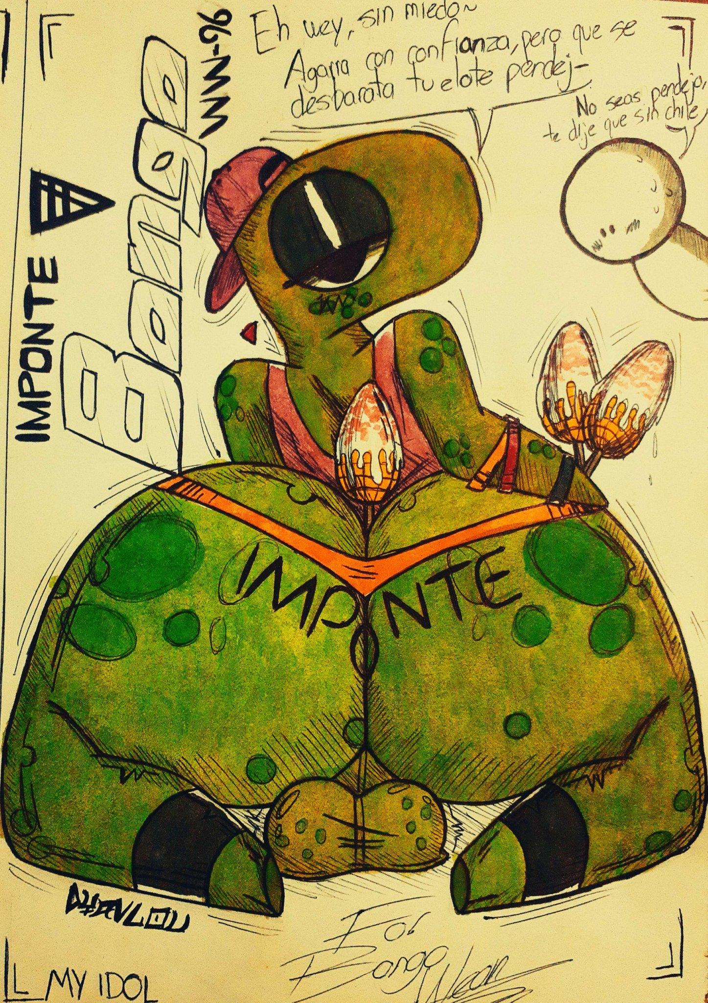 ass, ass focus, back, back view, big ass, big butt, bongo (character), dinosaur, dyablou, femboy, feminine male, girly, green body, male, non-human, spanish text, traditional art, traditional media (artwork), viewed from behind