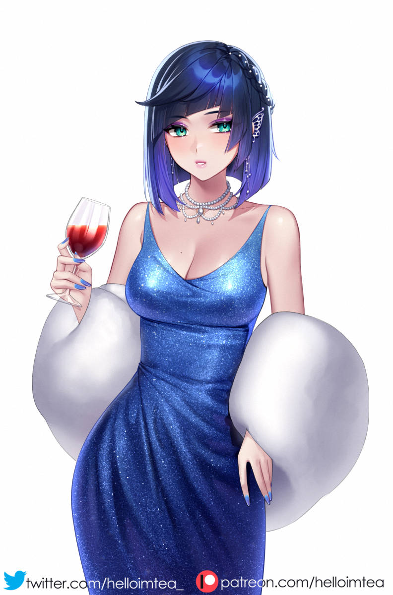 1girls alcohol blue_dress blue_hair breasts dress eyeshadow feather_boa genshin_impact green_eyes hair_ornament helloimtea holding_wine_glass large_breasts looking_at_viewer makeup mole mole_on_breast necklace painted_fingernails red_wine short_hair wine wine_glass yelan_(genshin_impact)