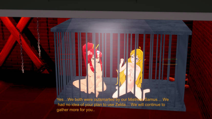 2girls 3d bdsm blonde_hair breasts cage chains english_text hair_stick hypnosis in_cage large_breasts long_hair mind_control nipples nude nude_female ponytail purple_eyes red_hair rwby skull_hair_ornament slave sonrio2 tengen_toppa_gurren_lagann text x_frame yang_xiao_long yellow_eyes yoko_littner