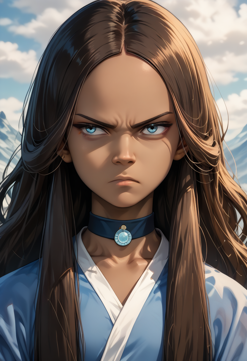 ai-generated ai_generated avatar_(series) avatar_the_last_airbender black_hair blue_eyes dark_skin female highres jewelry katara looking_at_viewer necklace nickelodeon original