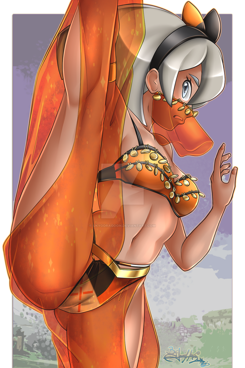 1girls armpits bare_midriff bare_shoulders bea_(pokemon) belly_dancer_outfit blue_eyes bra breasts cameltoe ear grey_hair hairband harem_outfit headband leg_up looking_at_viewer medium_breasts midriff mouth_veil navel nintendo orange_bra orange_pants pants pokemon pokemon_ss see-through see-through_clothing see-through_pants short_hair standing_on_one_leg ukyodragoon veil white_hair