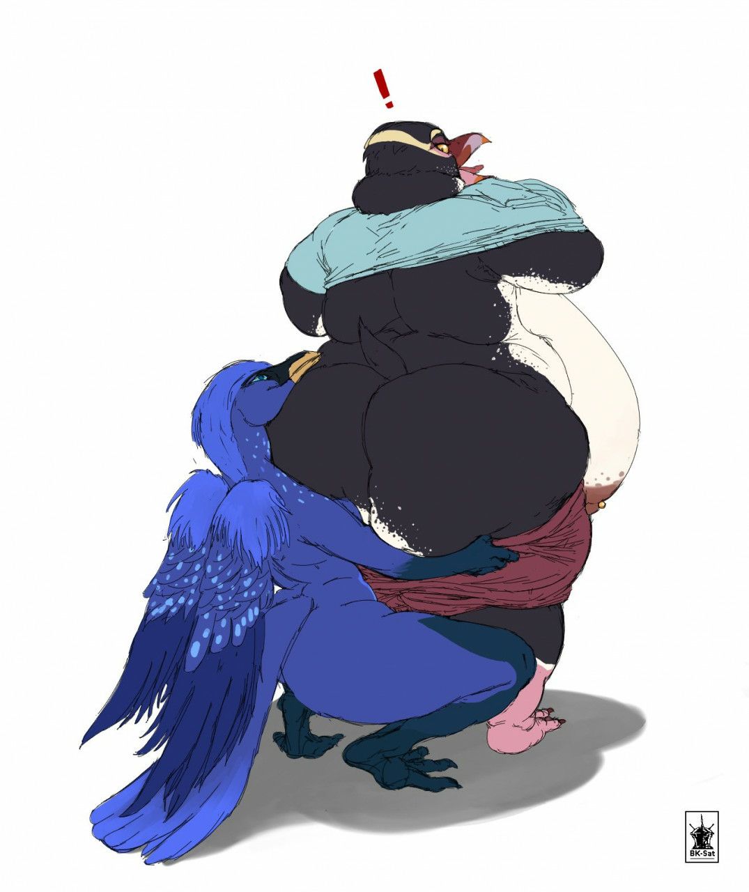 ! 2girls anthro ass assisted_exposure avian beak big_breasts big_butt bird bird_feet bk_sat(artist) black_body black_feathers blue_body blue_feathers breasts cat-bird clothed clothing duo feathers female female/female female_only genitals hi_res huge_breasts huge_butt hyper hyper_breasts hyper_genitalia kneeling luna_(glitch308) nipple_piercing nipples open_mouth overweight overweight_female pants_down pantsing partially_clothed penguin piercing shadow signature simple_background smile standing surprise surprised_expression talons thick_thighs white_background yuri