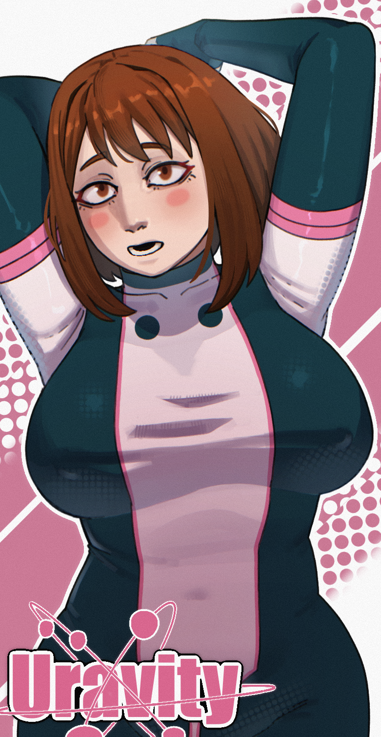 armpits arms_behind_head arms_up big_breasts blush bodysuit boku_no_hero_academia breasts brown_eyes brown_hair curvy curvy_figure incinerated_art looking_at_viewer my_hero_academia ochako_uraraka short_hair skin_tight