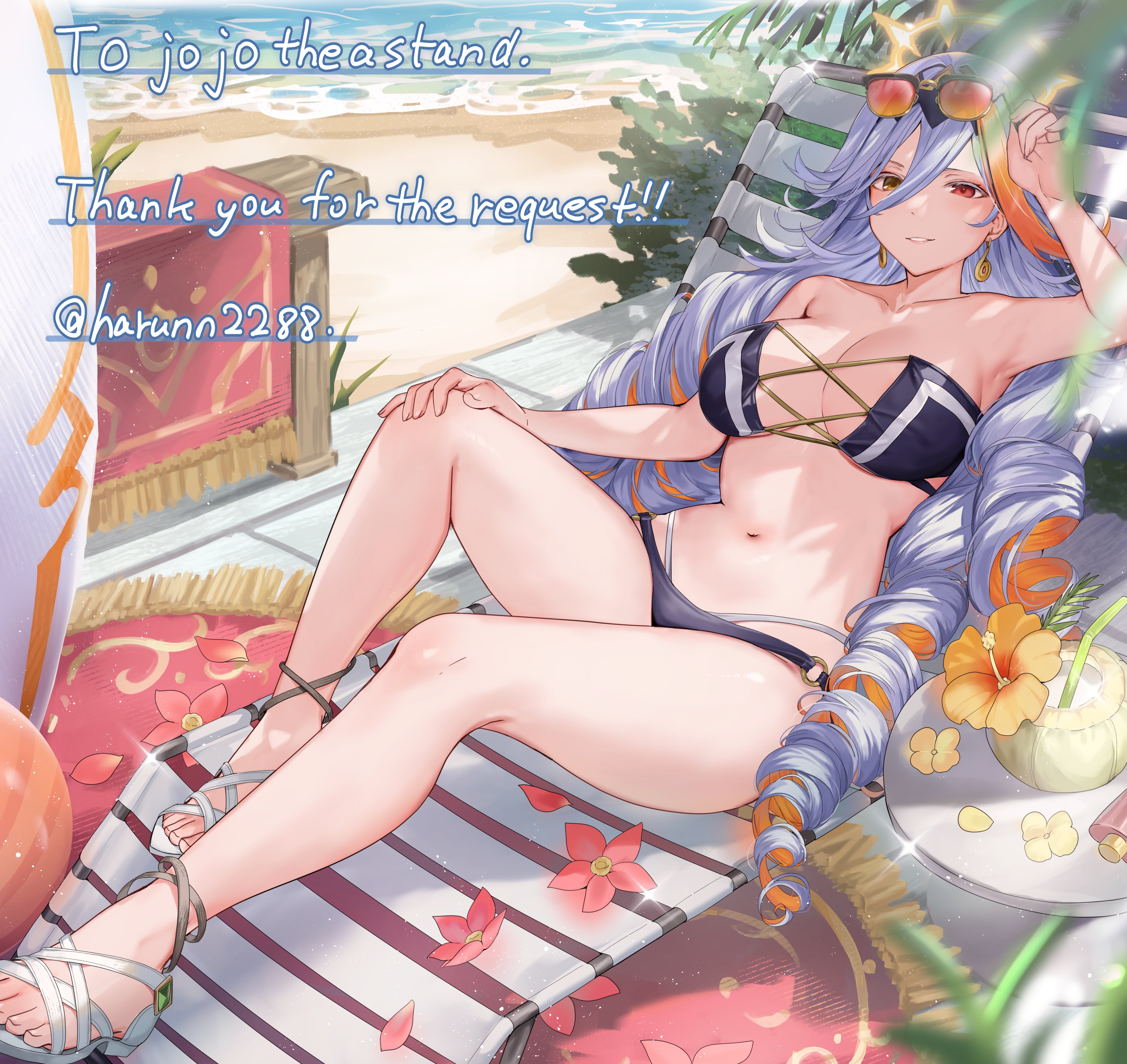 1girls, baldr (fire emblem heroes), beach, bikini, breasts, earrings, female, fire emblem, fire emblem heroes, goddess, grey hair, haru (nakajou-28), heterochromia, large breasts, looking at viewer, multicolored hair, nintendo, orange hair, outdoors, red eyes, sunglasses, swimsuit, thick thighs, thighs, yellow eyes