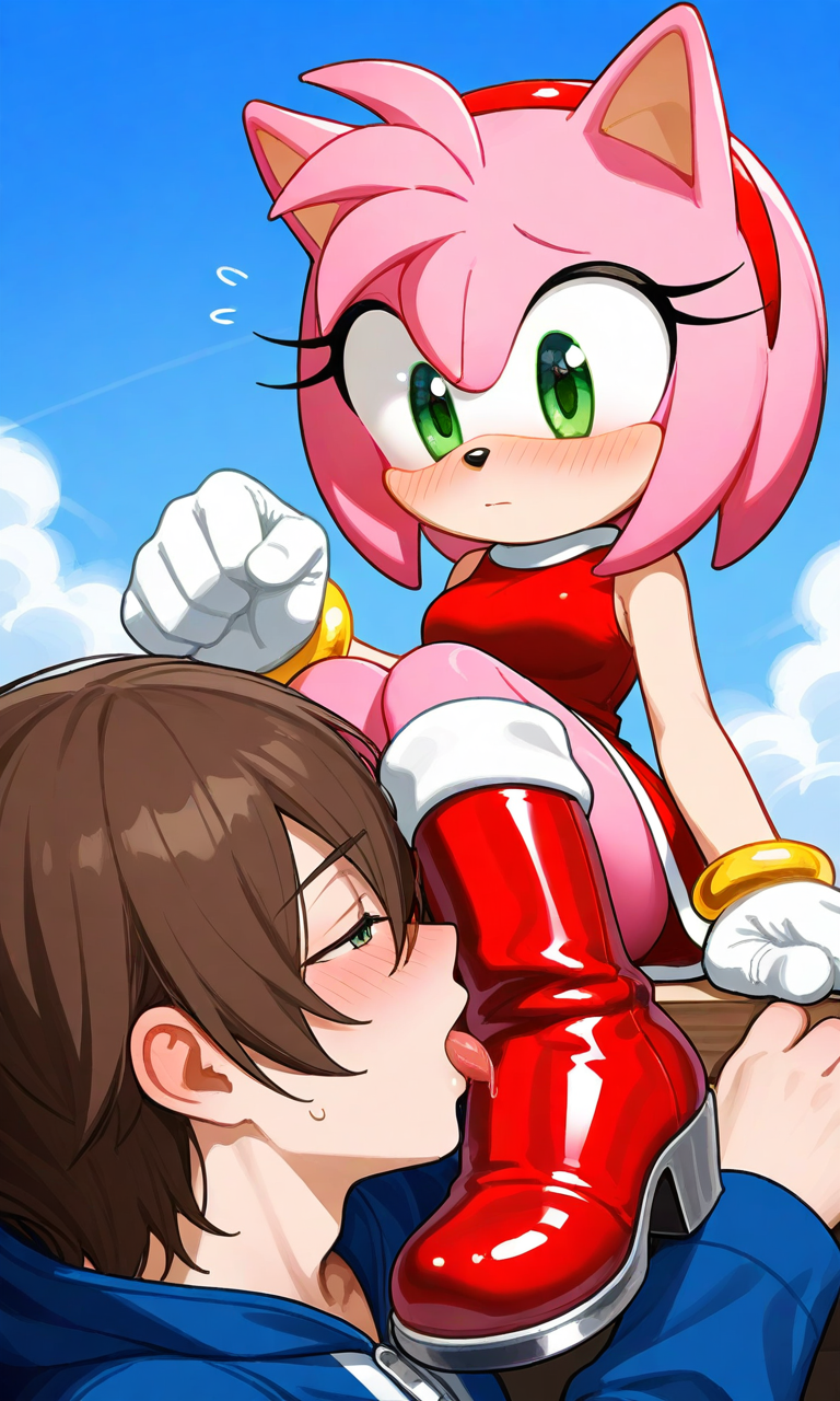 ai_generated amy_rose boot_fetish boot_licking boot_worship boots boy human_boy licking patent_boots pink_hair sonic_(series)