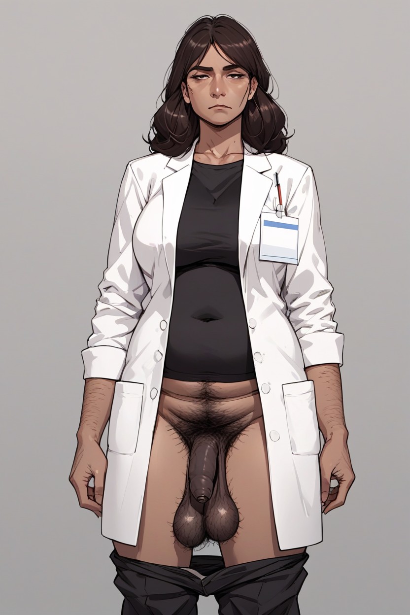 1futa ai_generated brown_hair dark_balls dark_penis flaccid foreskin futa_only futanari hairy hairy_arms hairy_balls happy_trail inside_job lab_coat plumpthlump pubic_hair reagan_ridley saggy_balls simple_background tan_skin tired tired_eyes