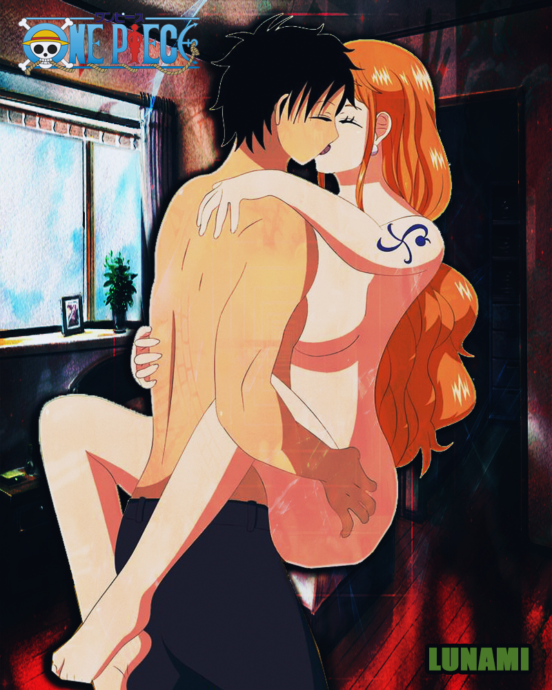 1boy 1girls big_breasts female kissing luffy male monkey_d_luffy nami one_piece orange_hair sex standing_sex tattoo thick_thighs vaginal_penetration wide_hips