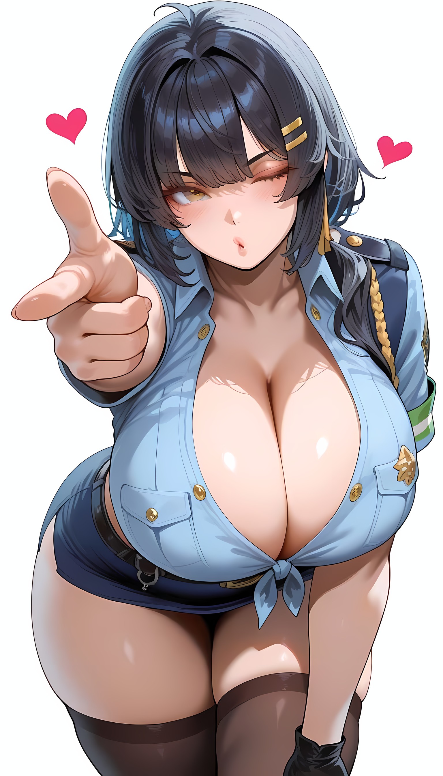 ai generated, black hair, breasts, cleavage, female, female rover (wuthering waves), finger gun, hearts, kissy face, large breasts, miniskirt, police uniform, policewoman, rover (wuthering waves), thick thighs, uniform, wuthering waves