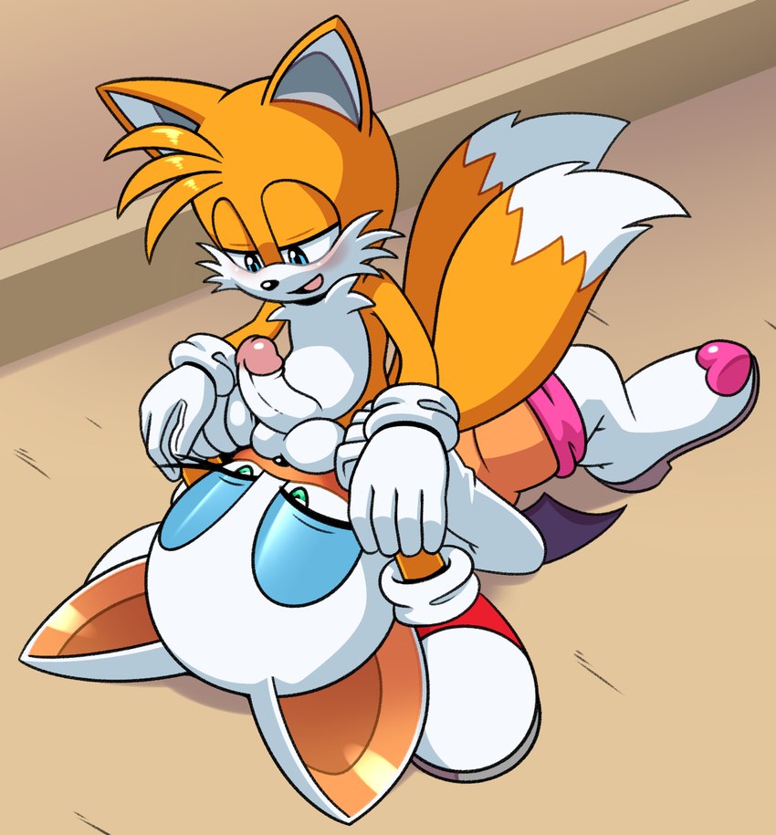 2 tails, anilingus, anthro, balls, bat, canine, cub, erection, face sitting, female, female rimming male, footwear, fox, handwear, handwear and footwear only, hyoumaru, male, male cub, male focus, miles prower, miles tails prower, multi tail, rimming, rimming male, rouge the bat, sitting on face, sonic (series), tail, tails, tails the fox, young anthro