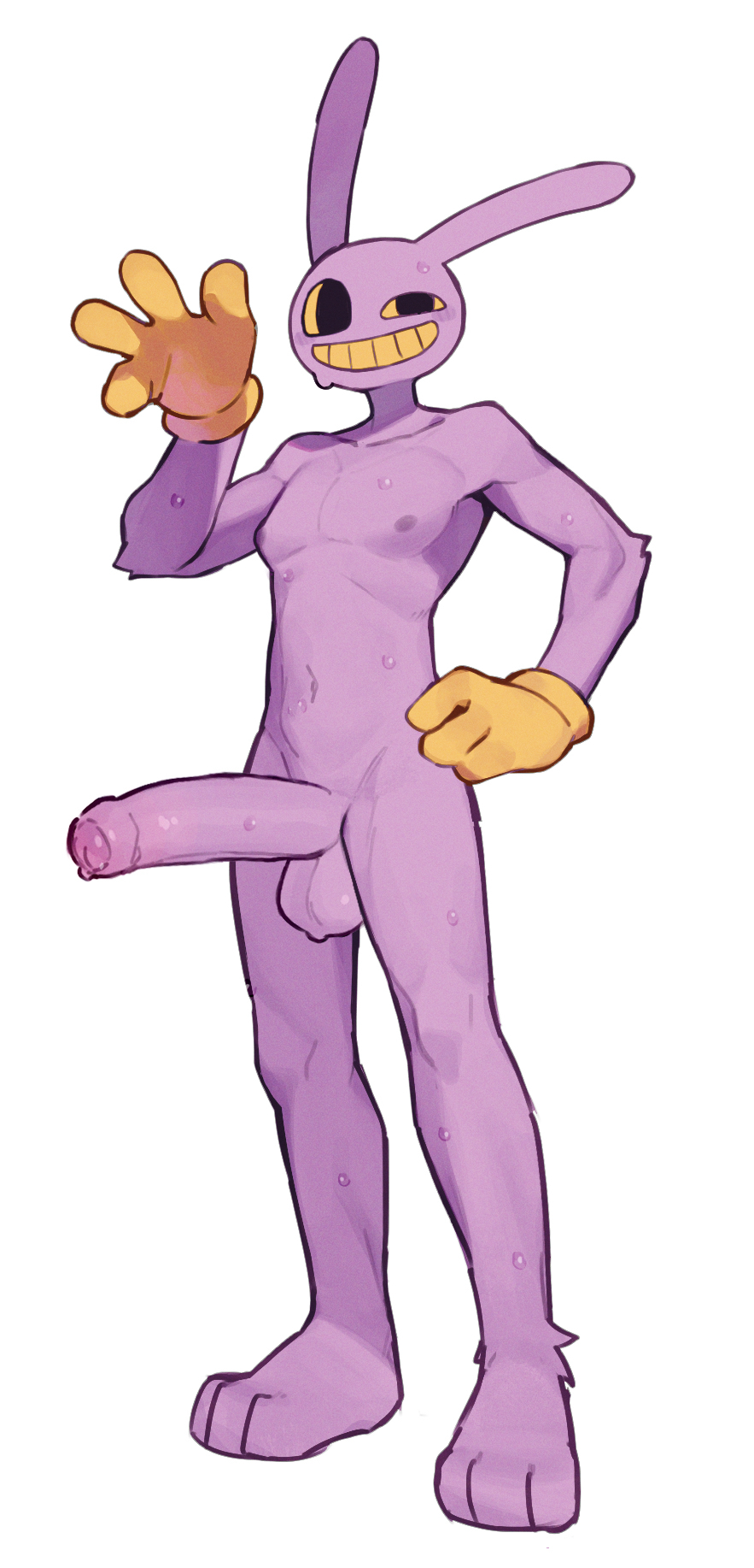 anthro balls big_penis bodily_fluids clothing erection foreskin genitals glitch_productions gloves gloves_only handwear handwear_only hi_res jax_(tadc) lagomorph leporid looking_at_viewer male mammal mostly_nude nipples penis purple_body ra_tenpu rabbit solo sweat sweaty_genitalia sweaty_penis the_amazing_digital_circus