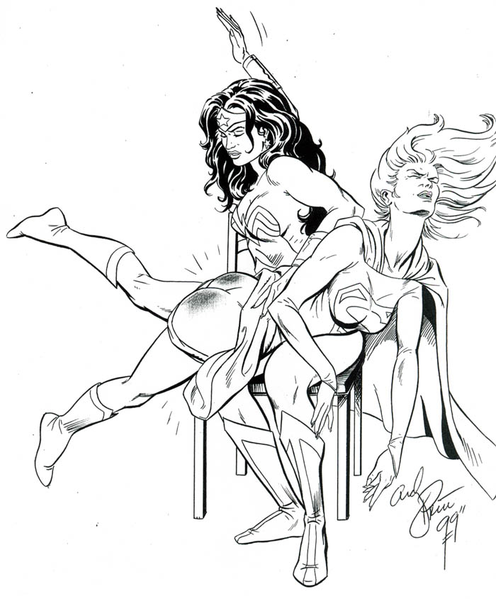 andy_price dc_comics diana_prince kara_danvers kara_zor-el monochrome spanked spanking supergirl superheroine superman_(series) wonder_woman wonder_woman_(series)