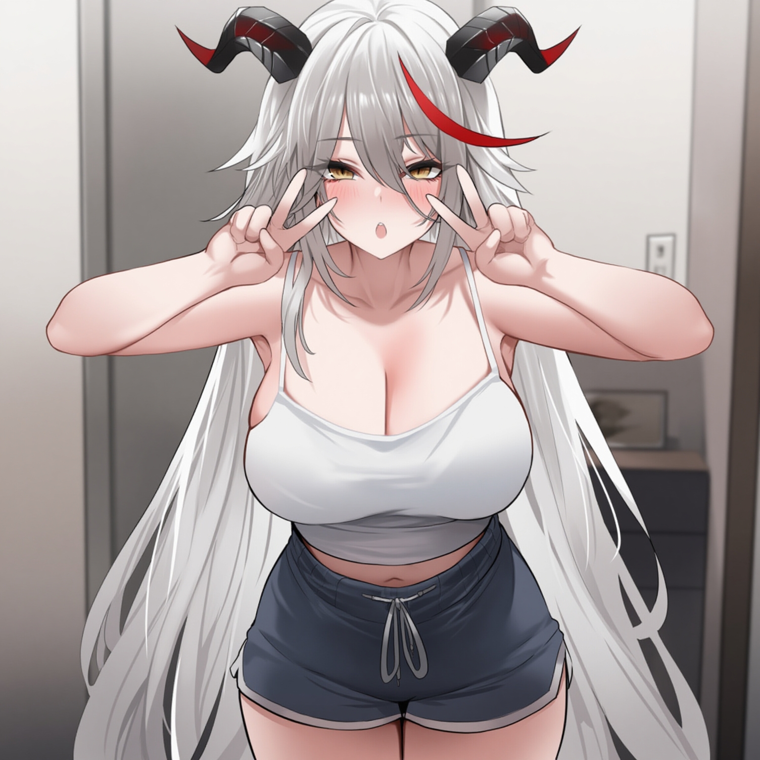 1girls, aegir (azur lane), ai generated, azur lane, blush, breasts, double peace sign, female, horns, large breasts, looking at viewer, open mouth, room, roxor, tank top, wide hips, yellow eyes