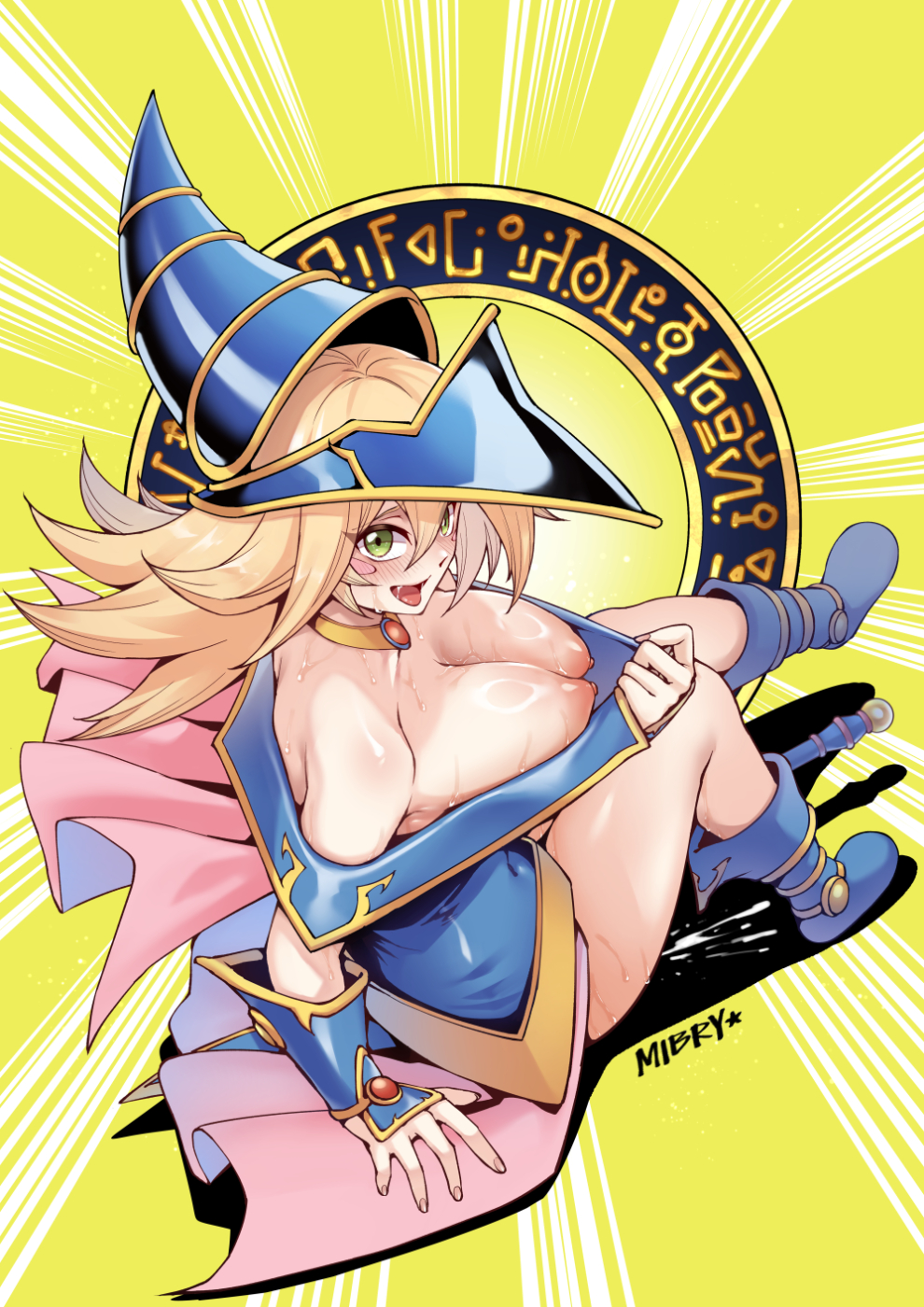 artist_name bare_shoulders blonde_hair blue_footwear blue_hat blush blush_stickers boots breasts choker cleavage commentary_request dark_magician_girl dark_magician_girl_the_magician's_apprentice duel_monster female green_eyes hair_between_eyes hat highres large_breasts long_hair looking_at_viewer mibry_(phrysm) nipples open_mouth phrygian_helmet showgirl_skirt smile solo wizard_hat yu-gi-oh!