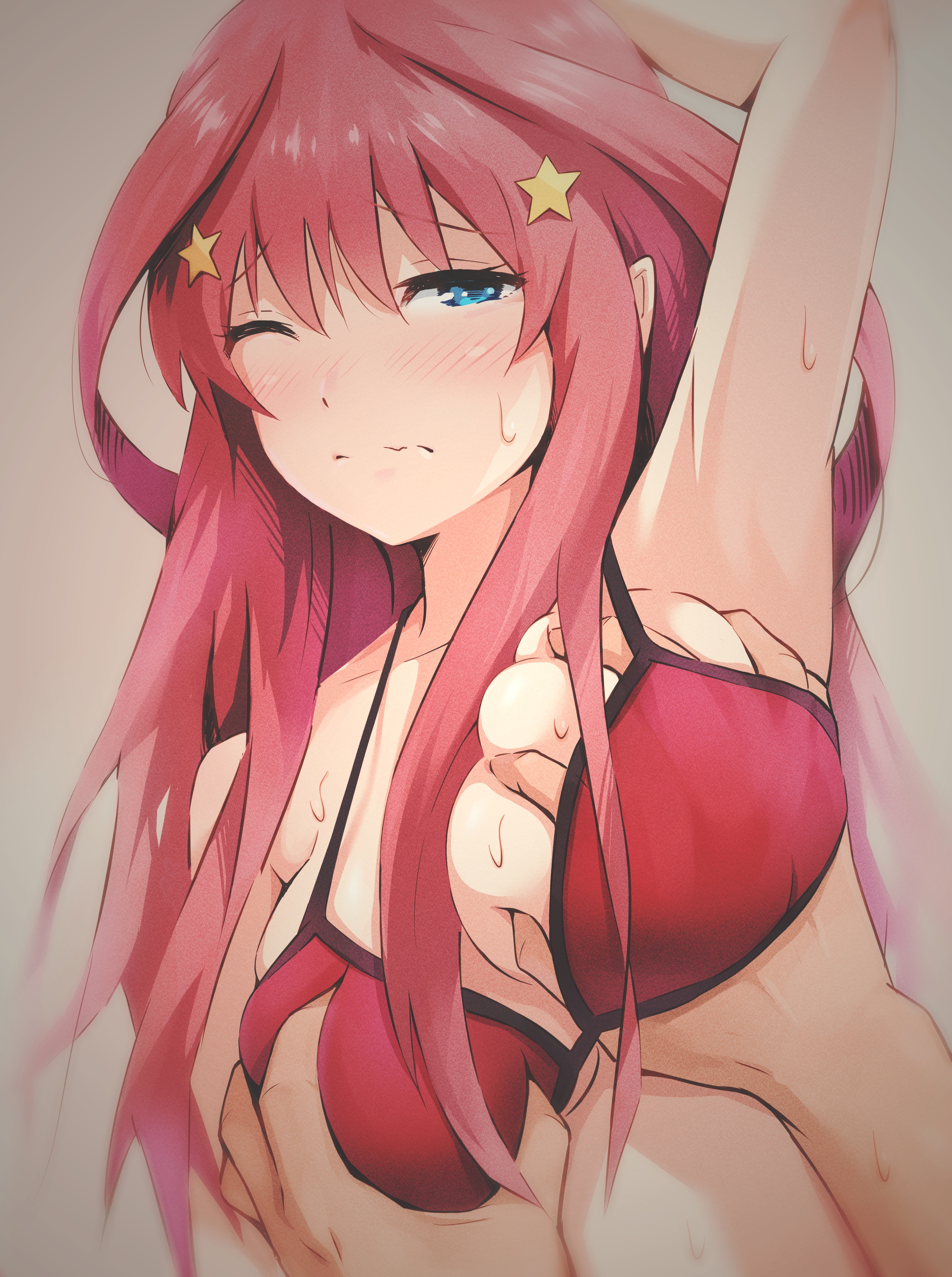 asou (asabu202), blush, breast grab, breasts, female, female focus, go-toubun no hanayome, half-closed eyes, large breasts, nakano itsuki, one eye closed, red hair, solo focus, swimsuit