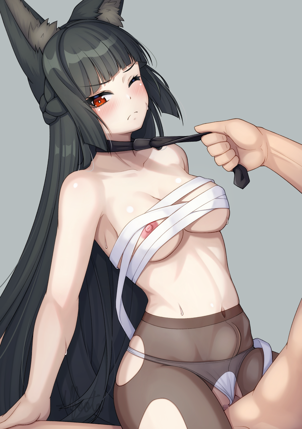 1boy alfort_(may0508) animal_ear_fluff animal_ears black_hair black_necktie black_pantyhose blush breasts chest_sarashi clothing_aside cowgirl_position female fox_ears fox_girl highres hoshimi_miyabi long_hair loose_bandages medium_breasts navel necktie nipples one_eye_closed panties panties_aside pantyhose red_eyes sarashi sex stomach_bulge sweat torn_clothes torn_pantyhose underwear white_panties zenless_zone_zero