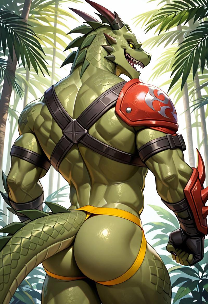 ai_generated anthro anthro_male ass back biceps blush fortnite gay green_skin hybrid_(fortnite) jockstrap jockstrap_only looking_at_viewer looking_back male male_only muscular muscular_male nude_male scalie sharp_teeth smile tail toned_body toned_male twall97 yellow_eyes