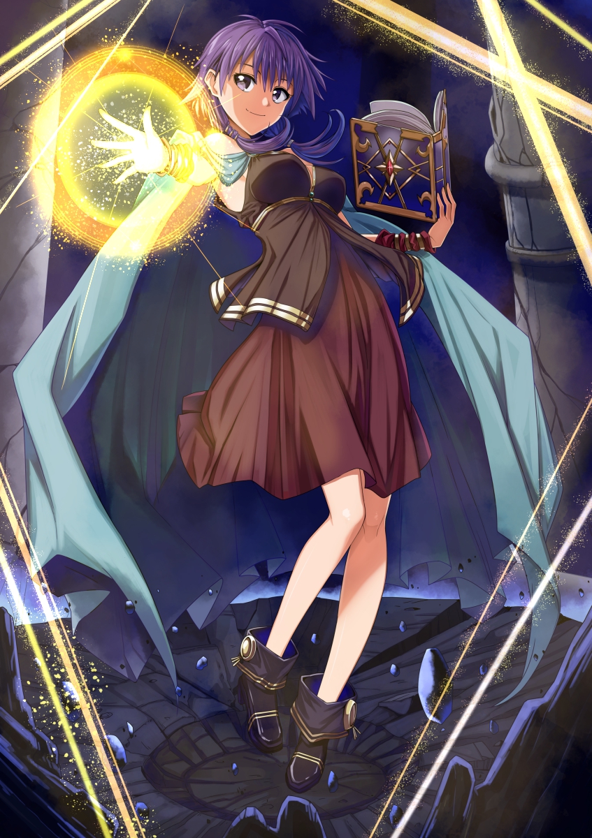 1girls armpits bare_legs bare_shoulders black_footwear book boots breasts commission debris destruction dress female_only fire_emblem fire_emblem:_the_sacred_stones highres indoors light_particles light_rays looking_at_viewer lute_(fire_emblem) magic medium_breasts medium_hair nintendo oki_kuro open_book outstretched_arm pose purple_eyes purple_hair skeb_commission sleeveless sleeveless_dress smile solo twintails