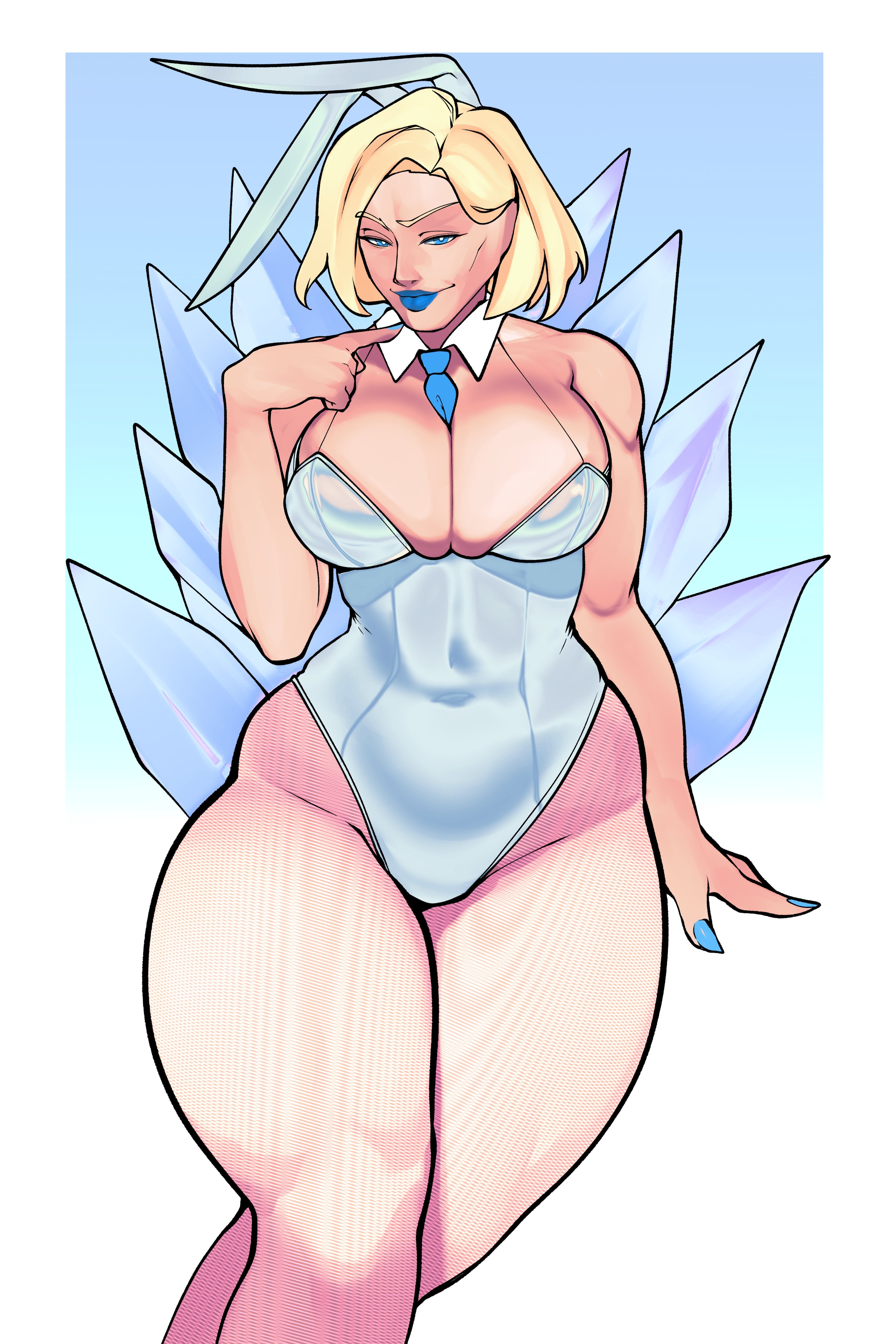 1girls, 2d, athletic, athletic female, athletic thighs, blonde female, blue lipstick, blue nails, bob cut, brothbowl, bunny ears, bunny girl, bunnysuit, emma frost, emma frost (marvel rivals), female, fully clothed, marvel, marvel comics, marvel rivals, pinup, snow bunny, solo, thick thighs, thighs
