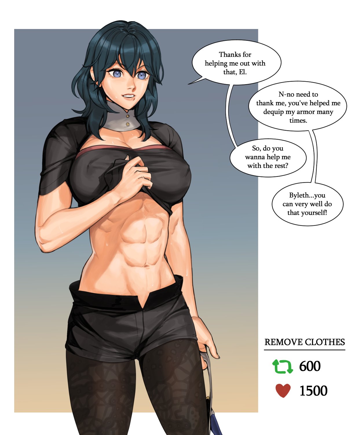 abs athletic_female black_shirt black_thighhighs blue_eyes byleth_(fire_emblem) byleth_(fire_emblem)_(female) commentary covered_erect_nipples female female_abs fire_emblem fire_emblem:_three_houses fit_female highres large_breasts lifting_own_clothes nintendo radiostarkiller shirt short_shorts shorts smile solo teal_hair thighhighs twitter_strip_game