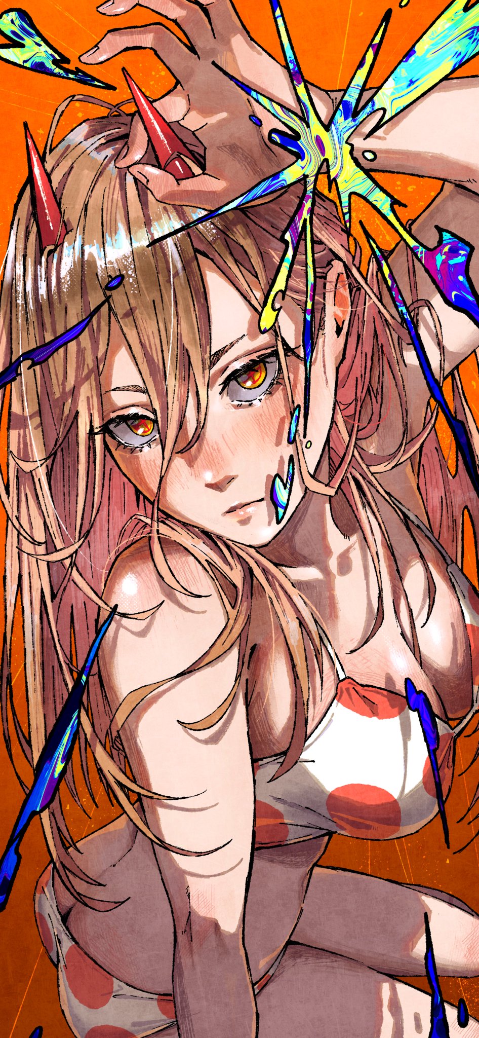 bikini breasts chainsaw_man erupusai2 horns orange_background orange_eyes power_(chainsaw_man)