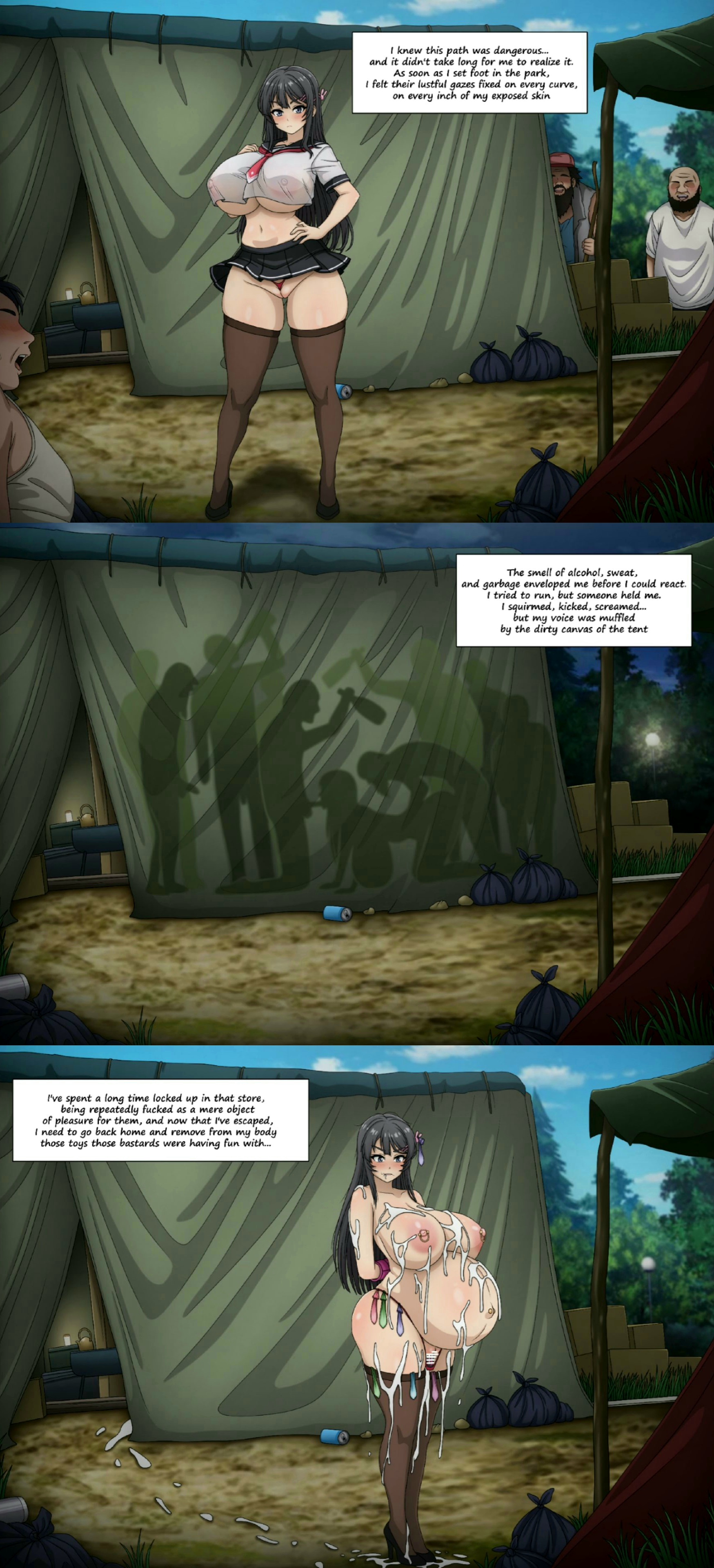 duplicate, female, gangbang, group, homeless, pierced nipples, piercing, pregnant, pzpana, rape, raped, sakurajima mai, seishun buta yarou wa bunny girl senpai no yume wo minai, silhouette, silhouette sex, spitroast, super belly, tent