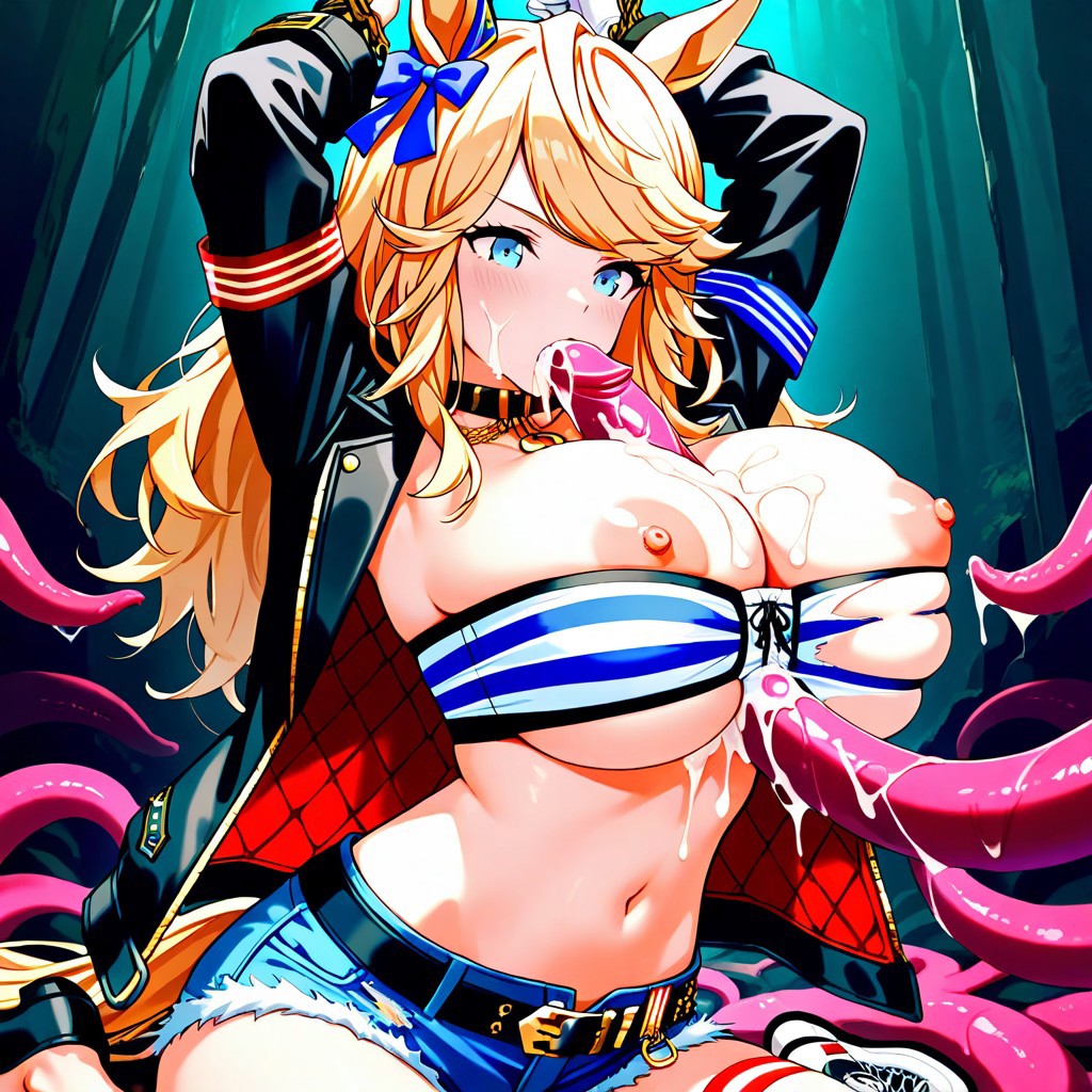 1girls ai_generated animal_ears blonde_hair blowjob blue_eyes bondage boobjob breasts breasts_out bukkake chained chains cum cum_on_breasts fellatio female gold_city_(umamusume) hair horse_girl long_hair oral paizuri restrained ripped_clothing submissive submissive_female tentacle tentacle_bondage titjob torn_clothes umamusume umamusume_pretty_derby