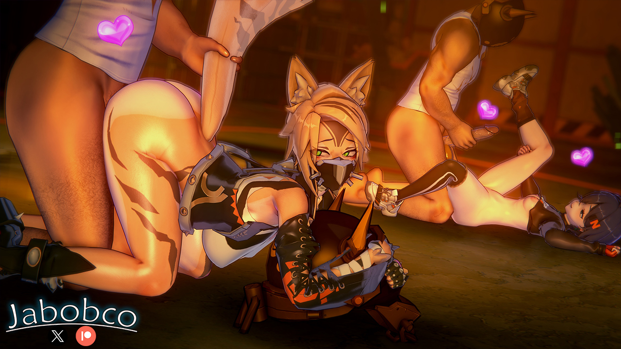 2boys, 2girls, 3d, 3d (artwork), ass, ass up, belle (zenless zone zero), bottomless, doggy style, female, female focus, fox girl, from behind, furry, hoyoverse, imminent sex, jabobco, koikatsu, male, mask, masked, masked female, mihoyo, penis, pulchra (zenless zone zero), pulchra fellini, sex, tail, tail grab, zenless zone zero