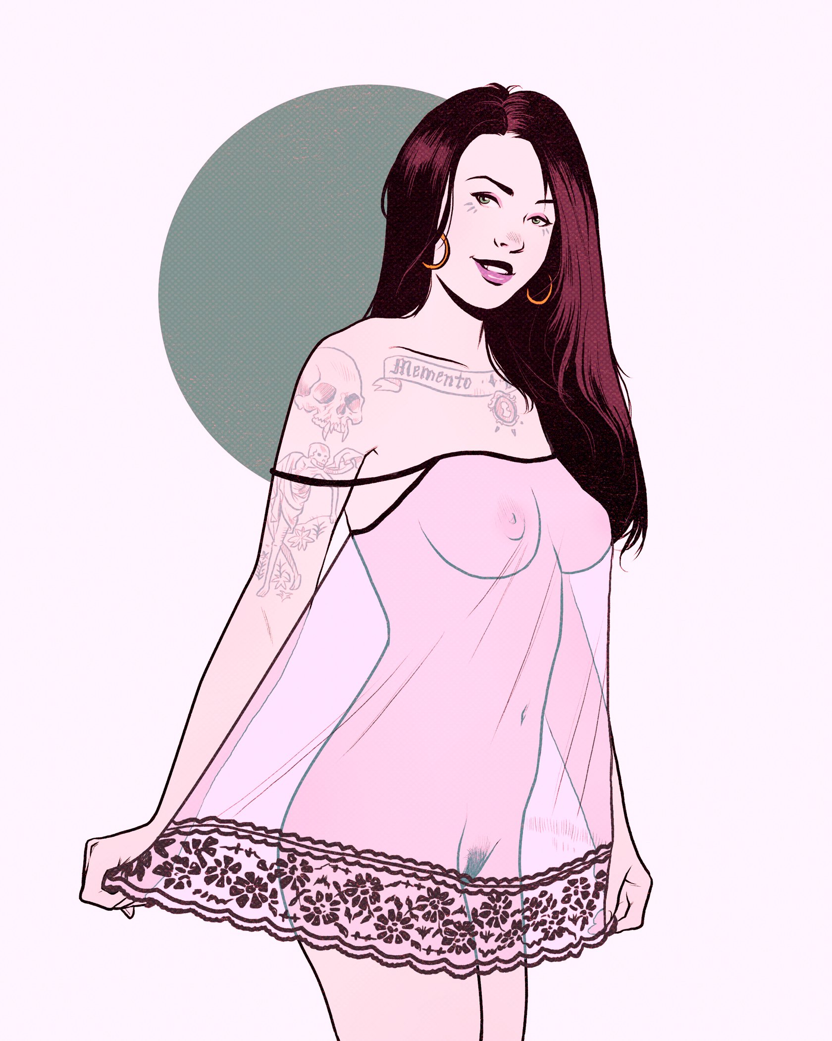 1girls, black hair, breasts, brown hair, dark hair, earrings, female, goth, goth girl, green eyes, long hair, looking at viewer, medium breasts, neltumo, nightgown, nightie, nipples, numitor, pink lipstick, pubic hair, red hair, see-through, simple background, solo, tattoo, two-tone hair