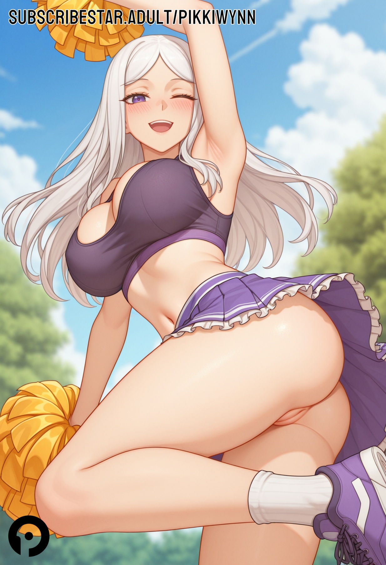 ;d, ai generated, arm up, armpits, ass, bangs, blue sky, blush, breasts, cheerleader, cleavage, cleft of venus, cloud, crop top, day, female, female only, frilled skirt, from below, holding, holding pom poms, large breasts, long hair, looking at viewer, luna runcandel, midriff, miniskirt, navel, no panties, one eye closed, open mouth, outdoors, parted bangs, pikkiwynn, pleated skirt, pom pom (cheerleading), purple eyes, purple footwear, purple skirt, pussy, shoes, skirt, sky, smile, sneakers, socks, solo, swordmaster's youngest son, thighs, white hair, white socks