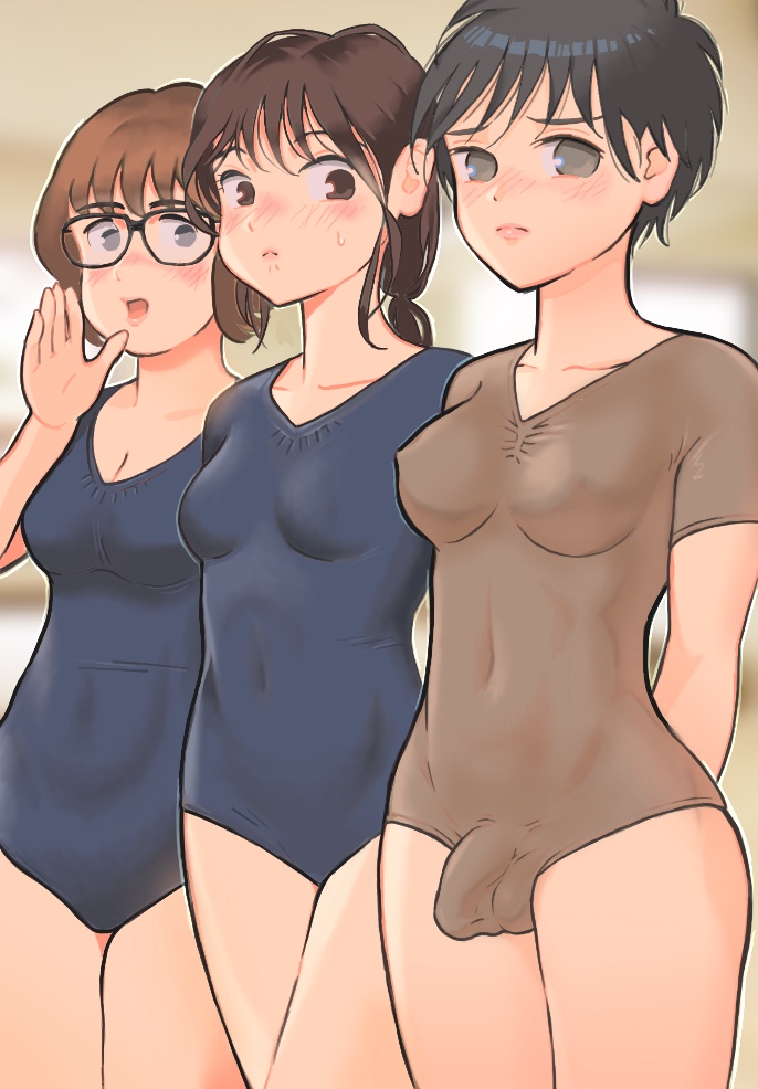 1futa 2girls ballerina balls black_hair breasts brown_eyes brown_hair bulge female futanari glasses green_eyes leotard penis short_hair shy uro